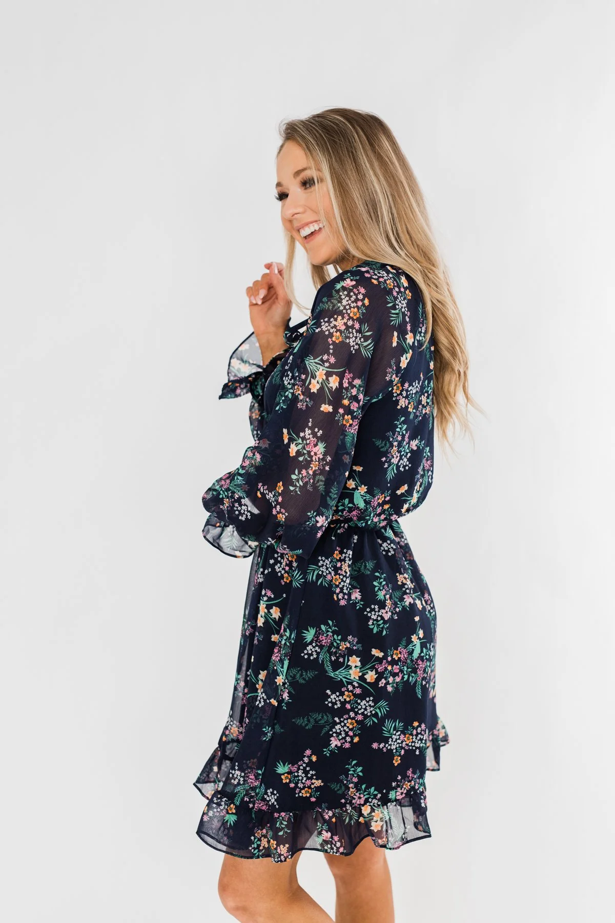 Always Be Wanted Floral Ruffle Dress- Navy - Image 10