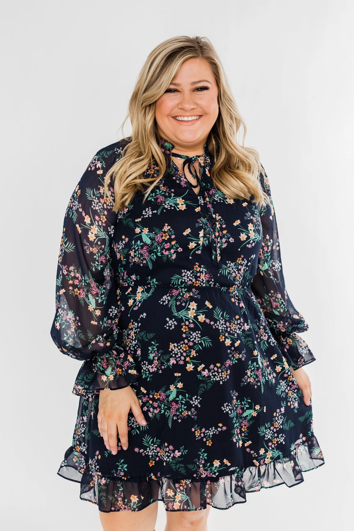 Always Be Wanted Floral Ruffle Dress- Navy - Image 3