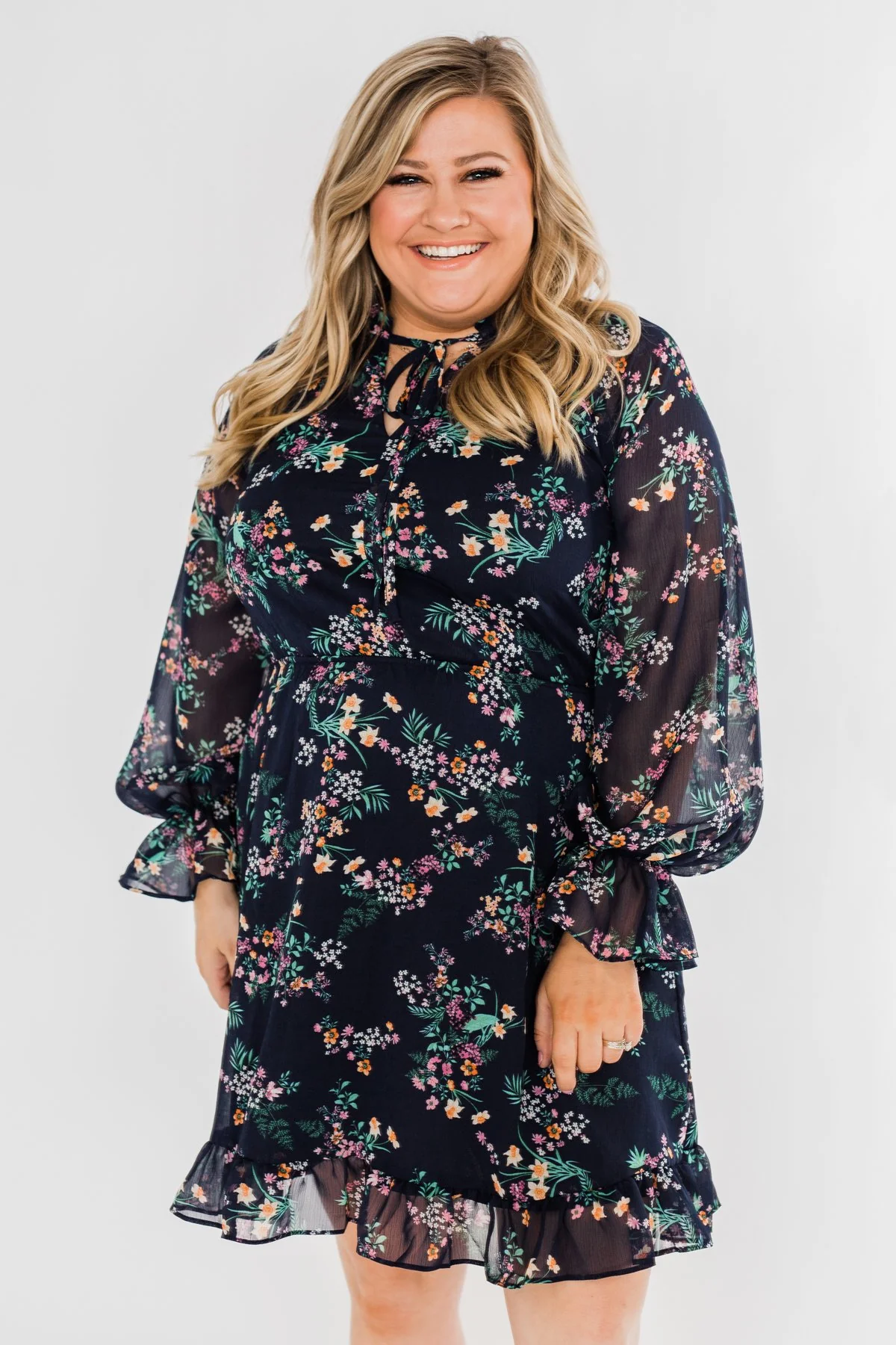 Always Be Wanted Floral Ruffle Dress- Navy - Image 4