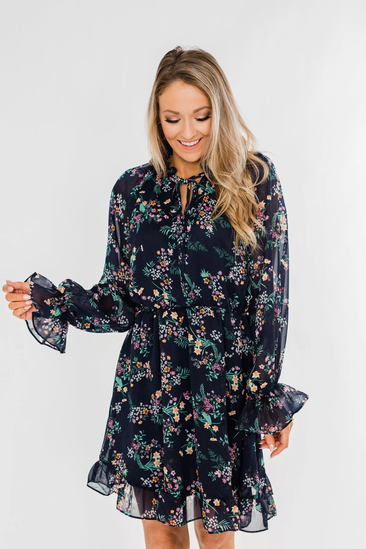 Always Be Wanted Floral Ruffle Dress- Navy - Image 5