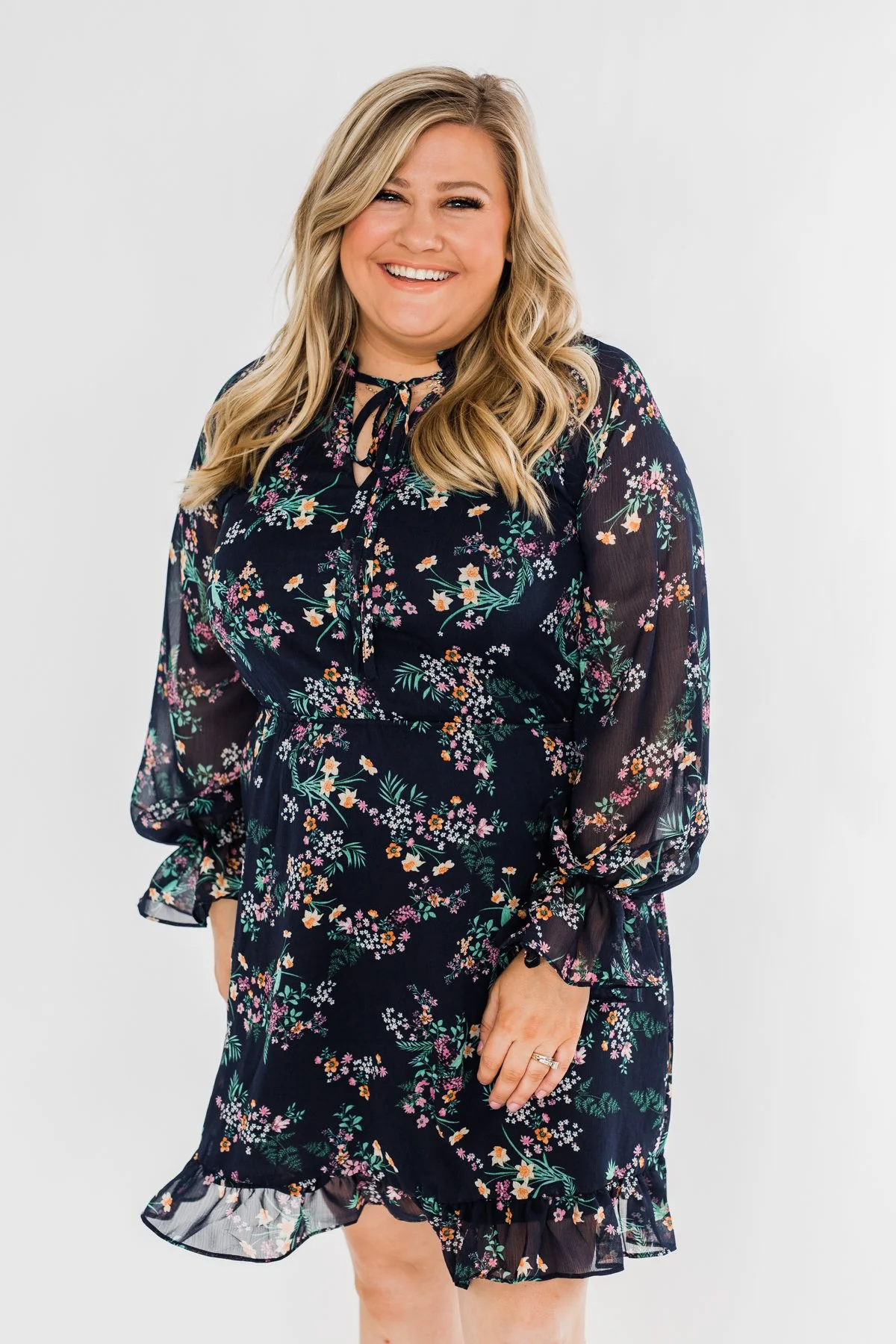 Always Be Wanted Floral Ruffle Dress- Navy - Image 6