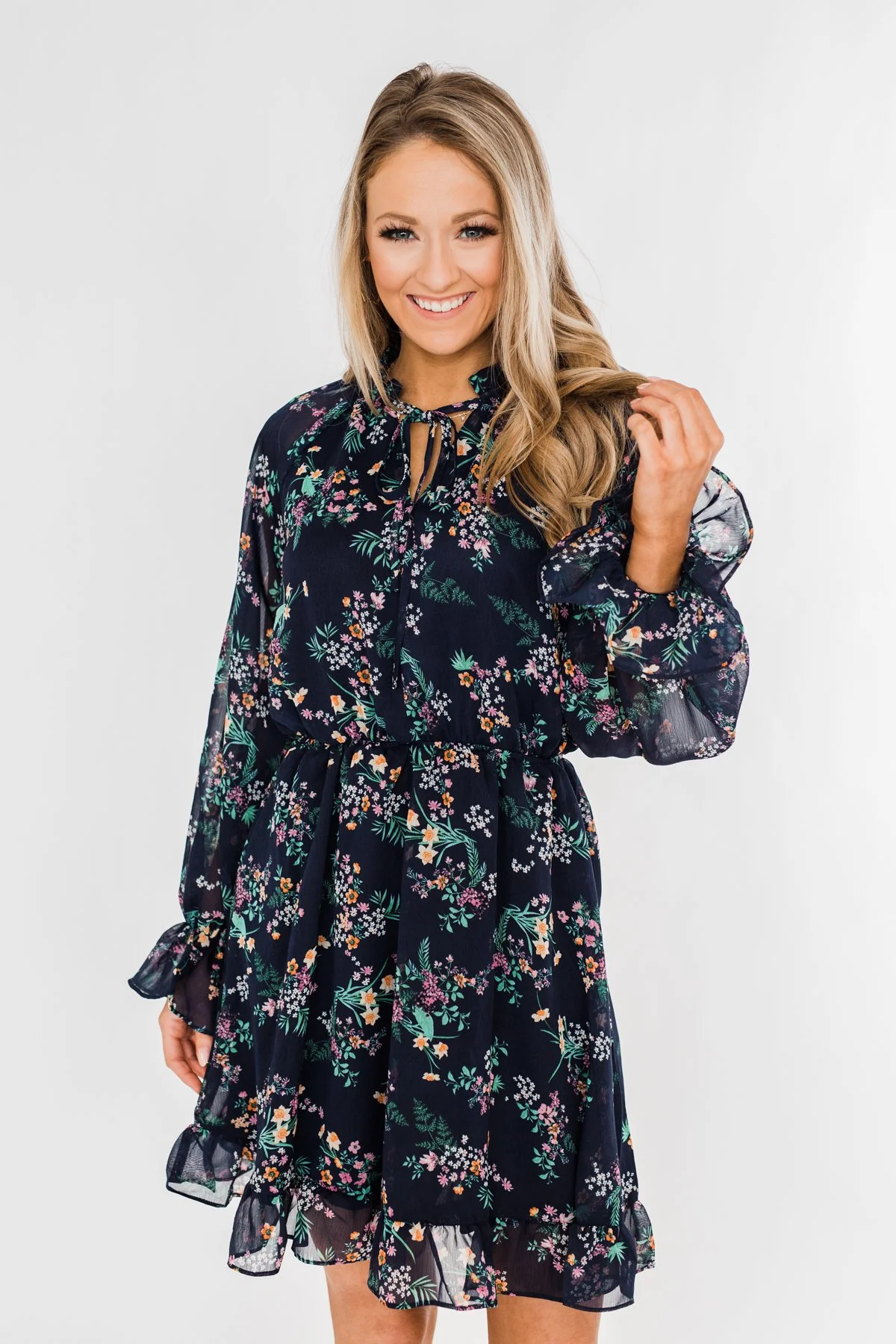 Always Be Wanted Floral Ruffle Dress- Navy - Image 7