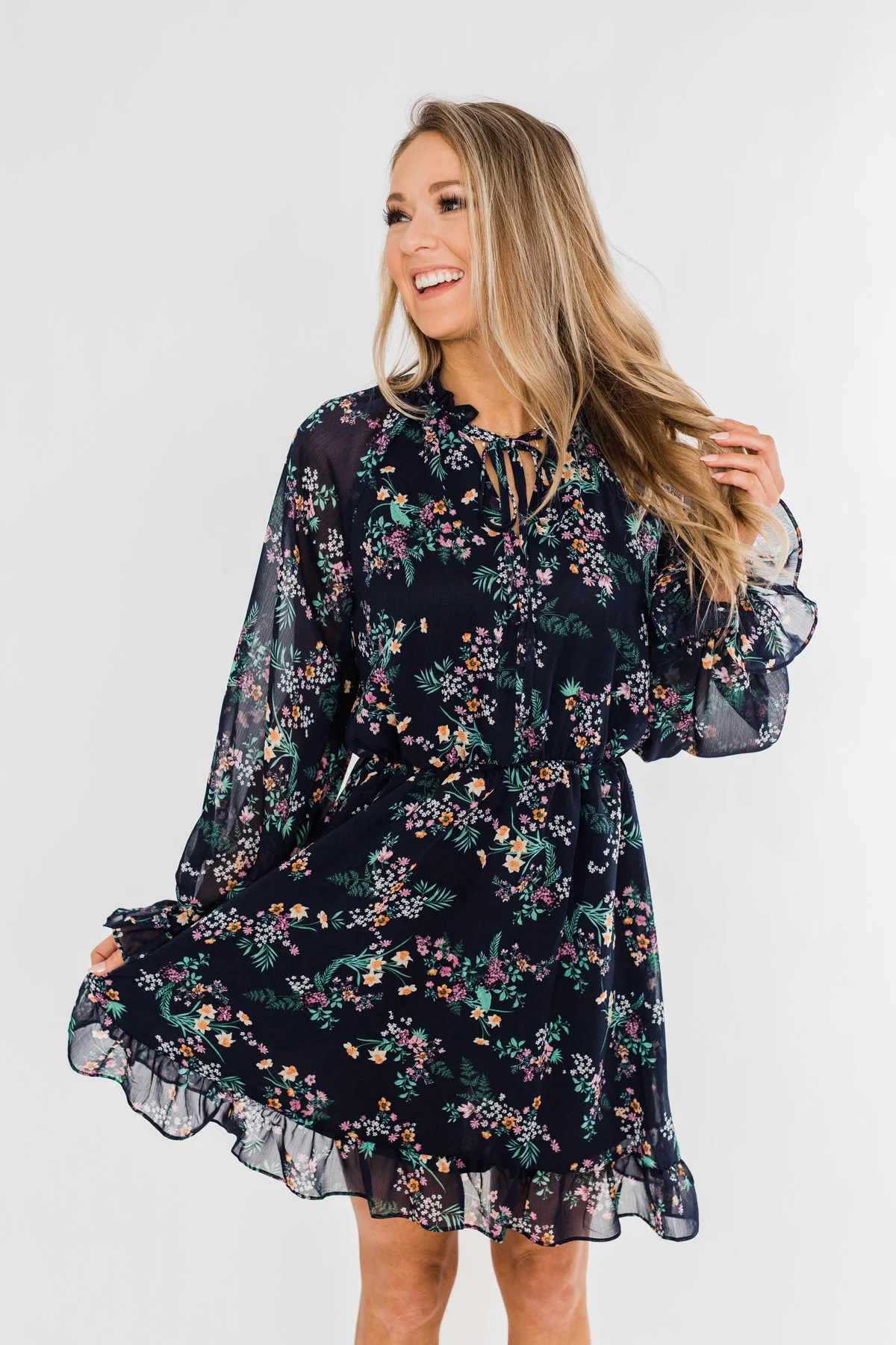 Always Be Wanted Floral Ruffle Dress- Navy - Image 8