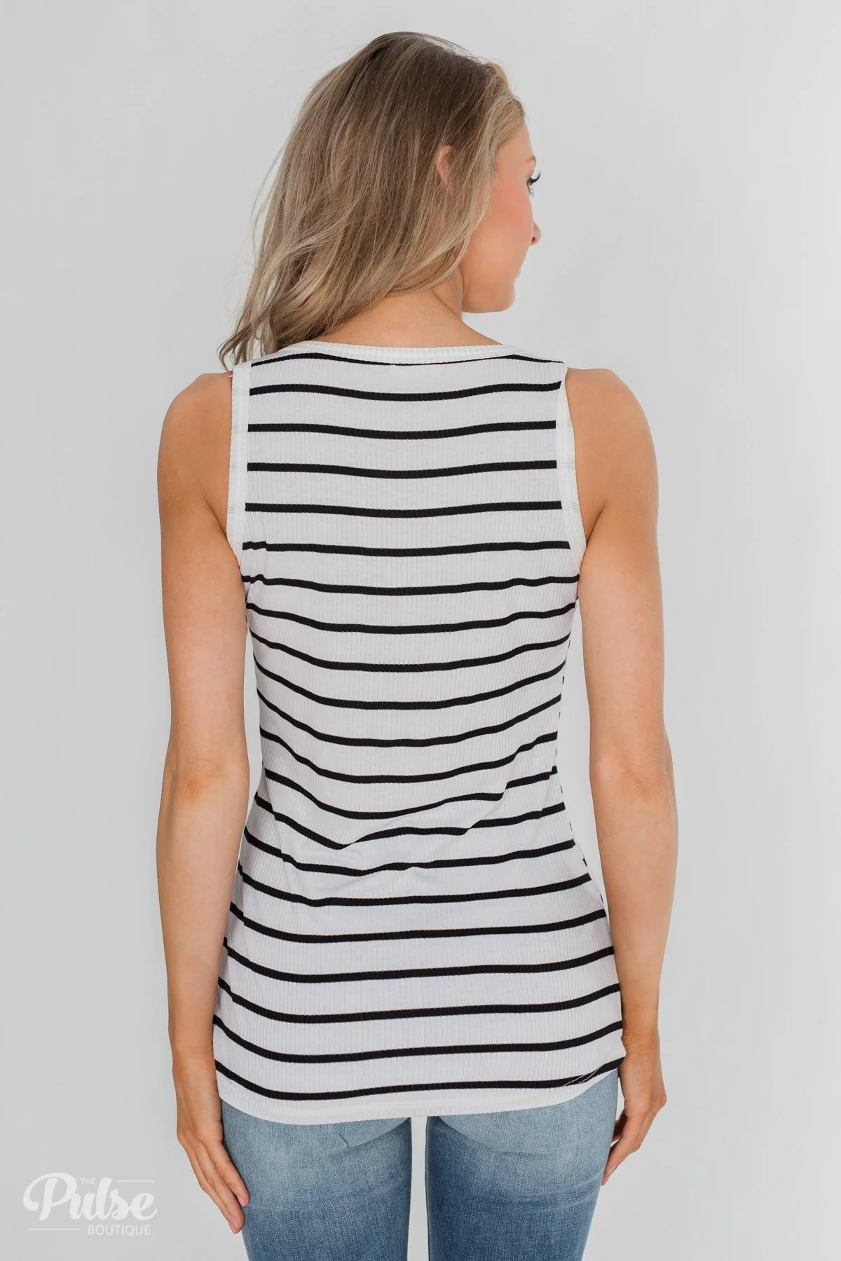 Always Need You 5-Button Henley Tank - Black & White Striped - Image 11