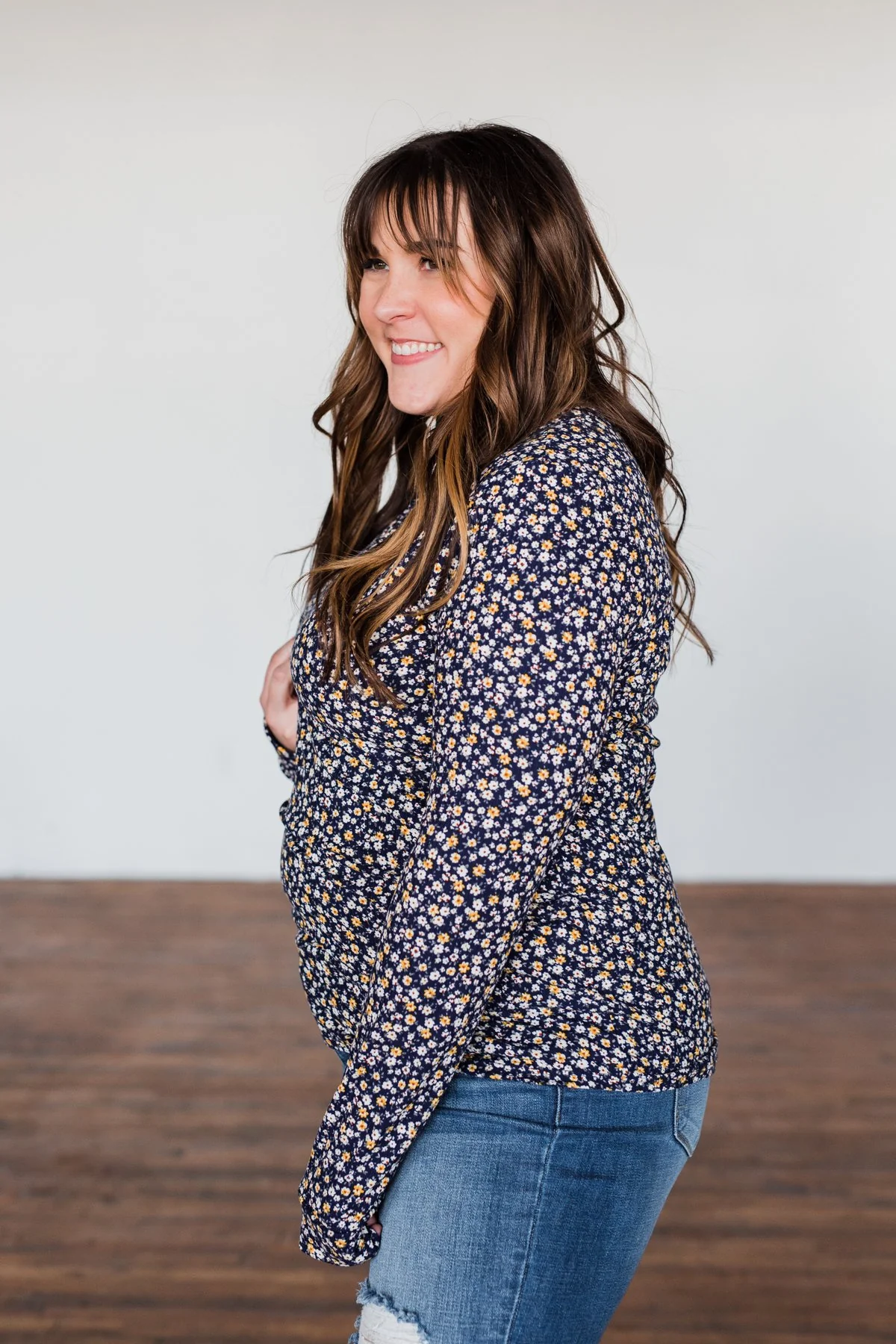 Before You Go Floral Notch Top- Navy - Image 10