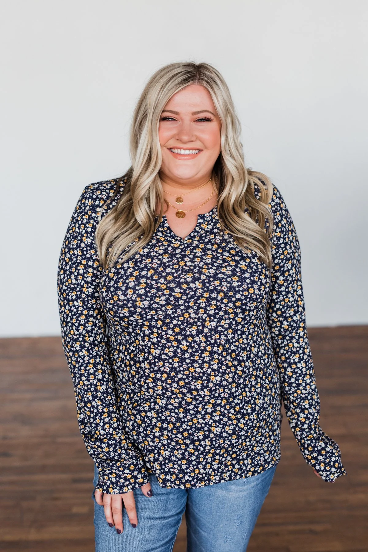 Before You Go Floral Notch Top- Navy - Image 3