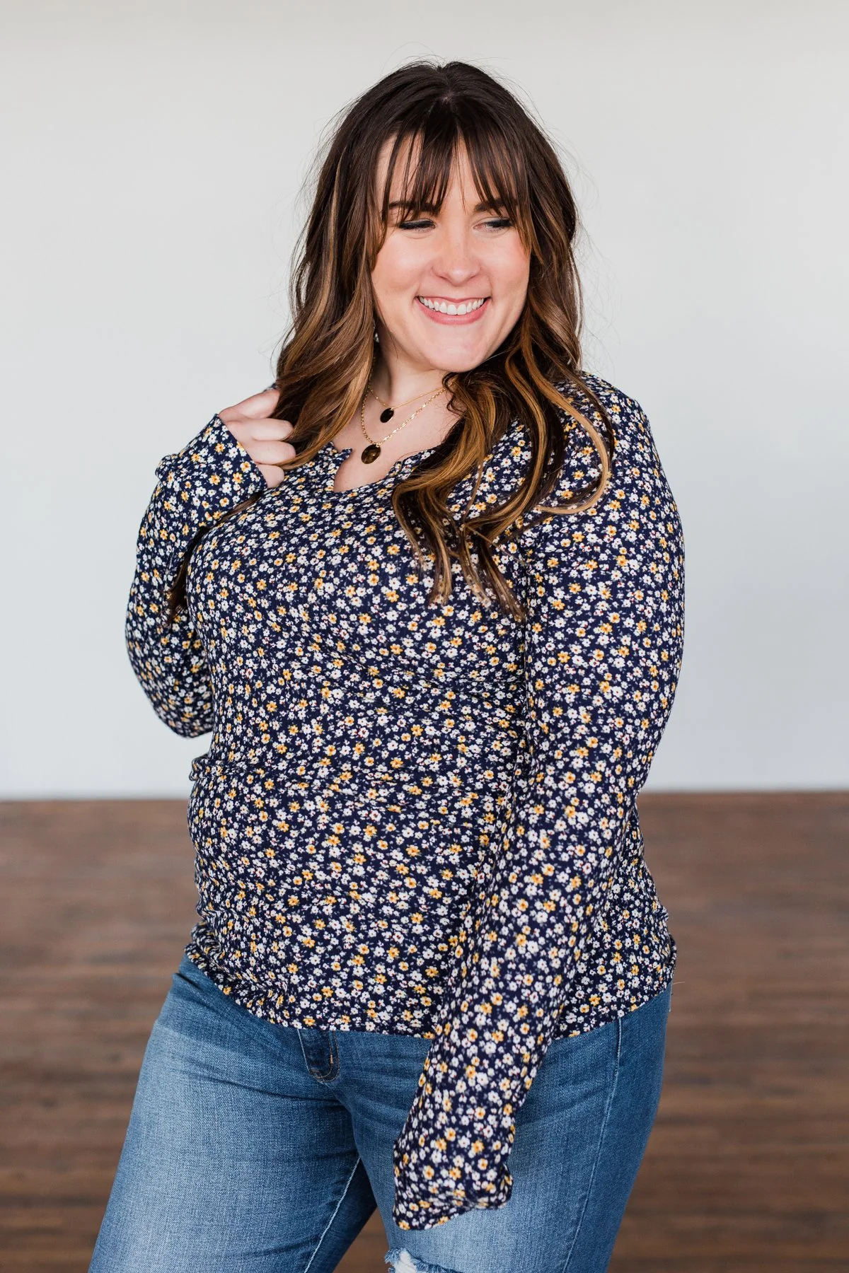 Before You Go Floral Notch Top- Navy - Image 6