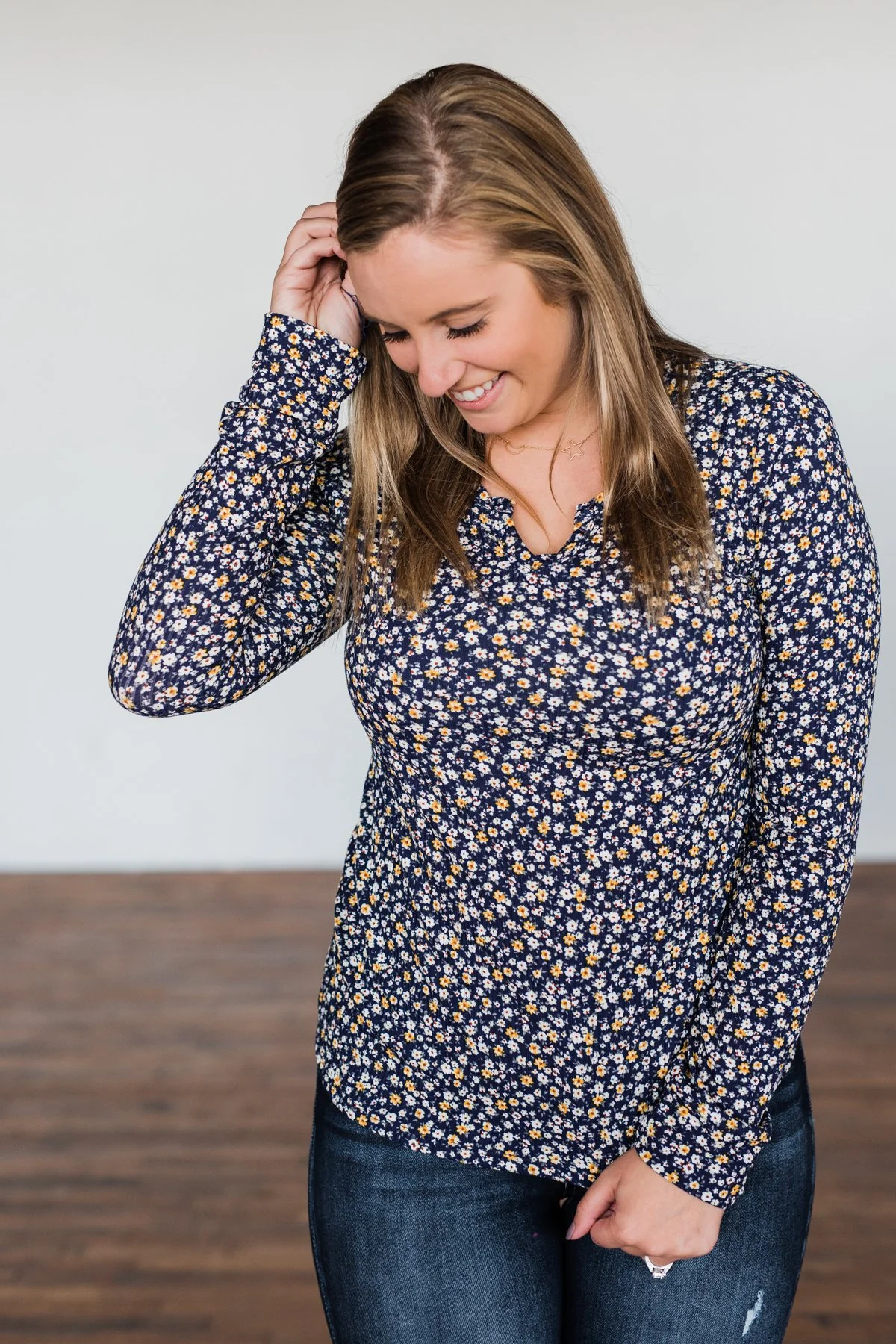 Before You Go Floral Notch Top- Navy - Image 8