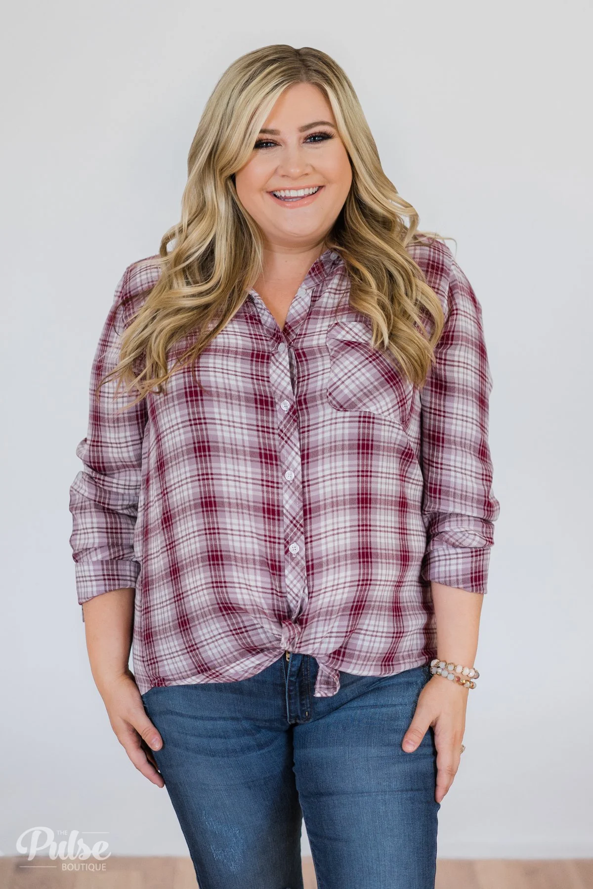 Button Up Plaid Top- Ivory & Wine - Image 3