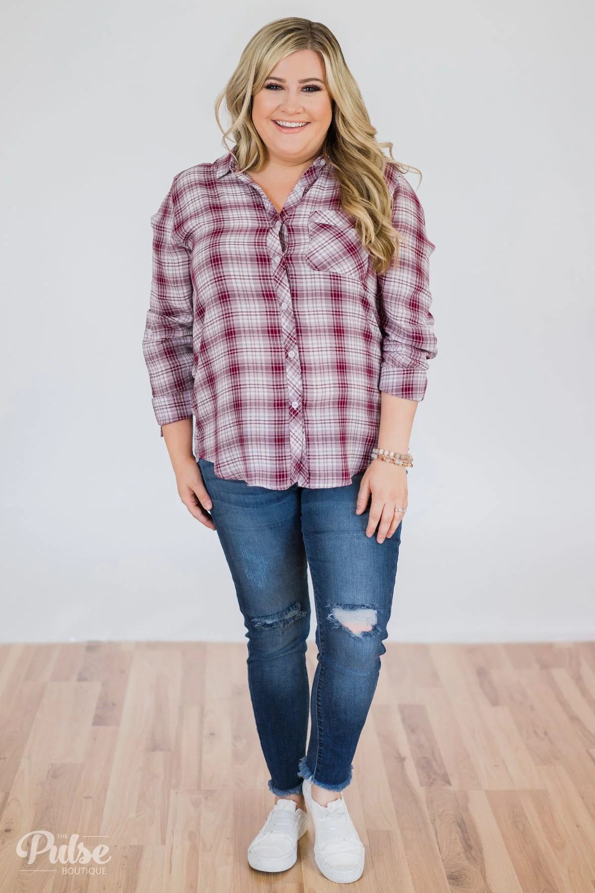 Button Up Plaid Top- Ivory & Wine - Image 4
