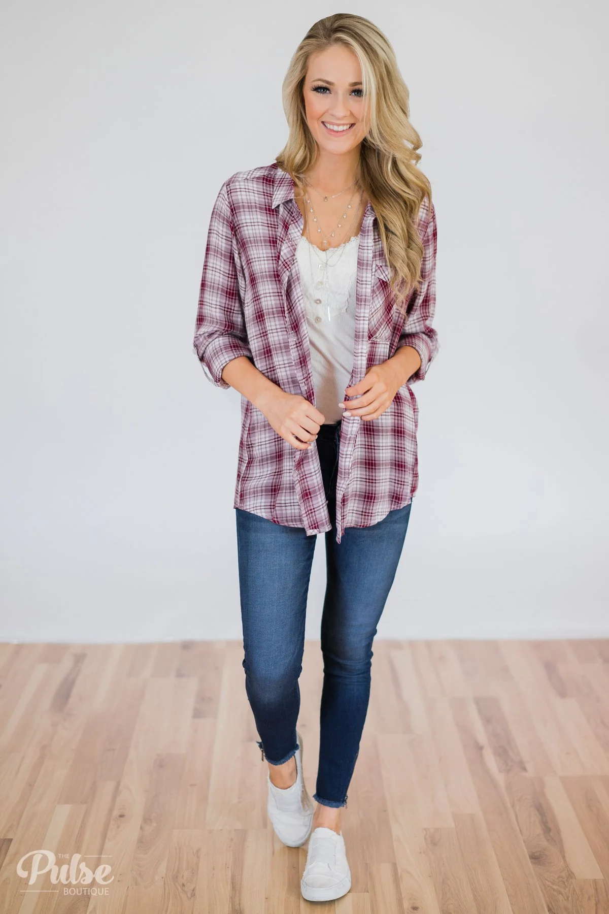 Button Up Plaid Top- Ivory & Wine - Image 5