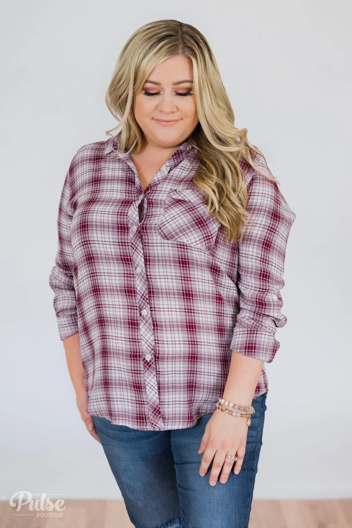 Button Up Plaid Top- Ivory & Wine - Image 7