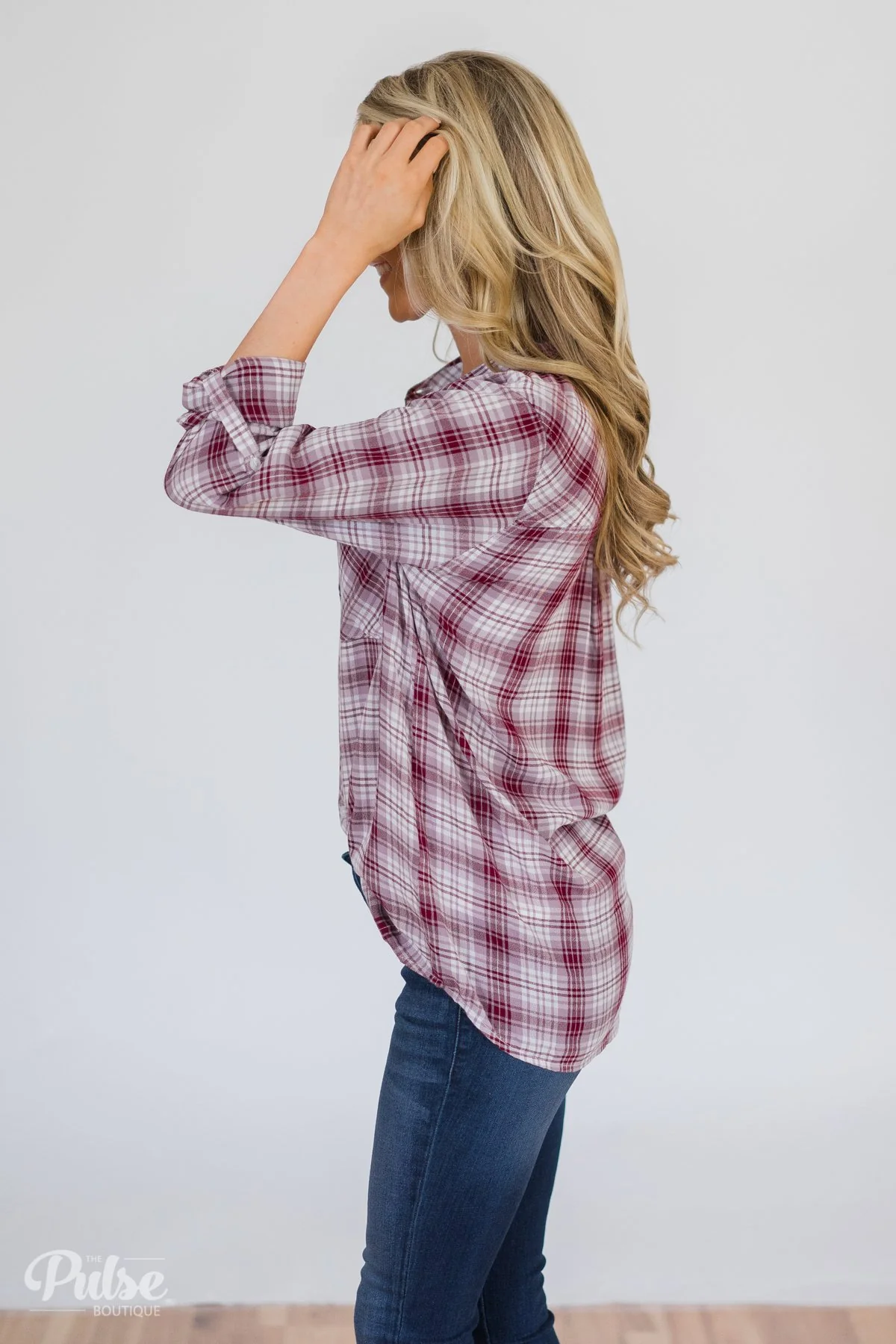 Button Up Plaid Top- Ivory & Wine - Image 8