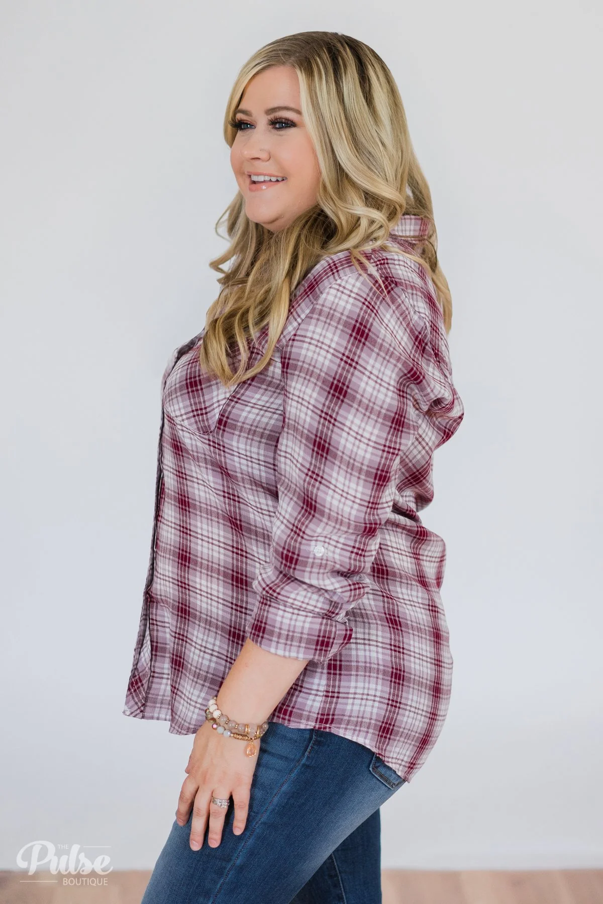 Button Up Plaid Top- Ivory & Wine - Image 9