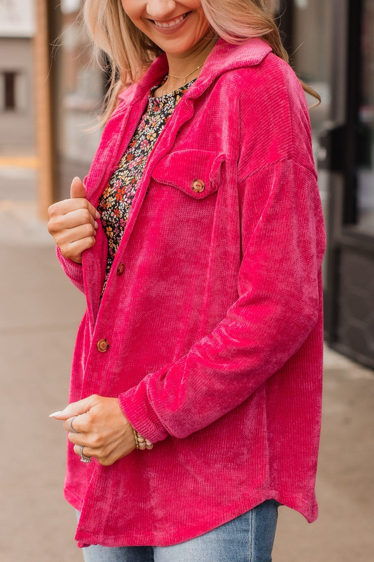 Cause For Applause Knit Button Top- Fuchsia - Image 3