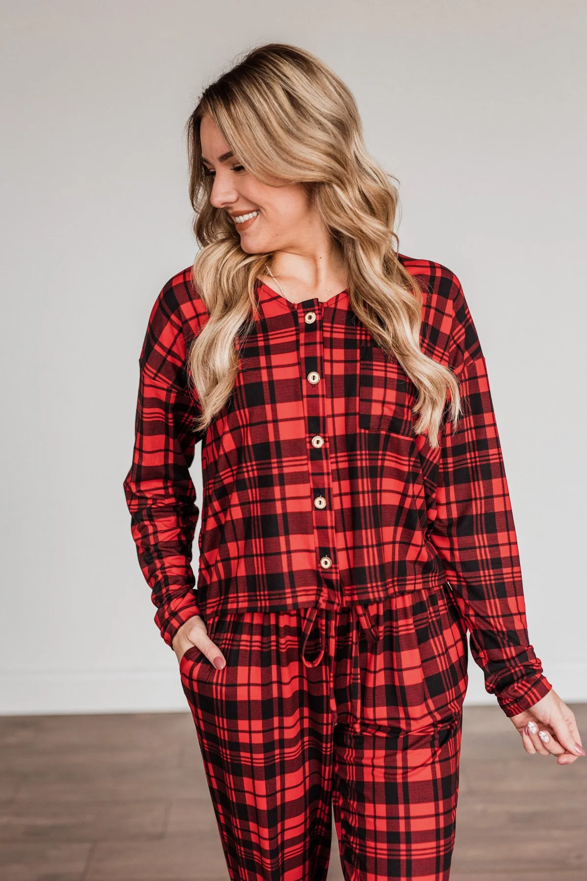 Chasing Snowflakes Plaid Lounge Top- Red & Black - Image 6