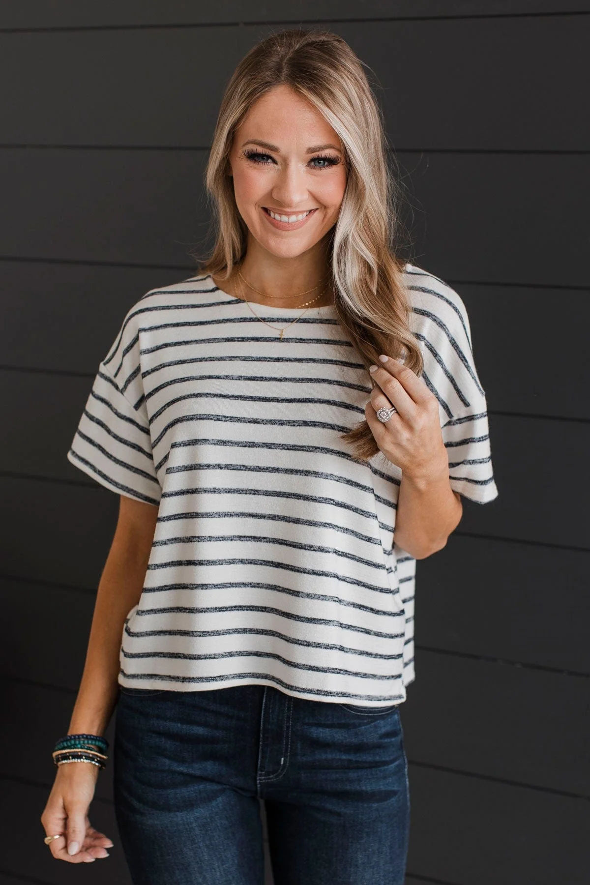 Easy Does It Striped Top- Ivory & Dark Navy - Image 4