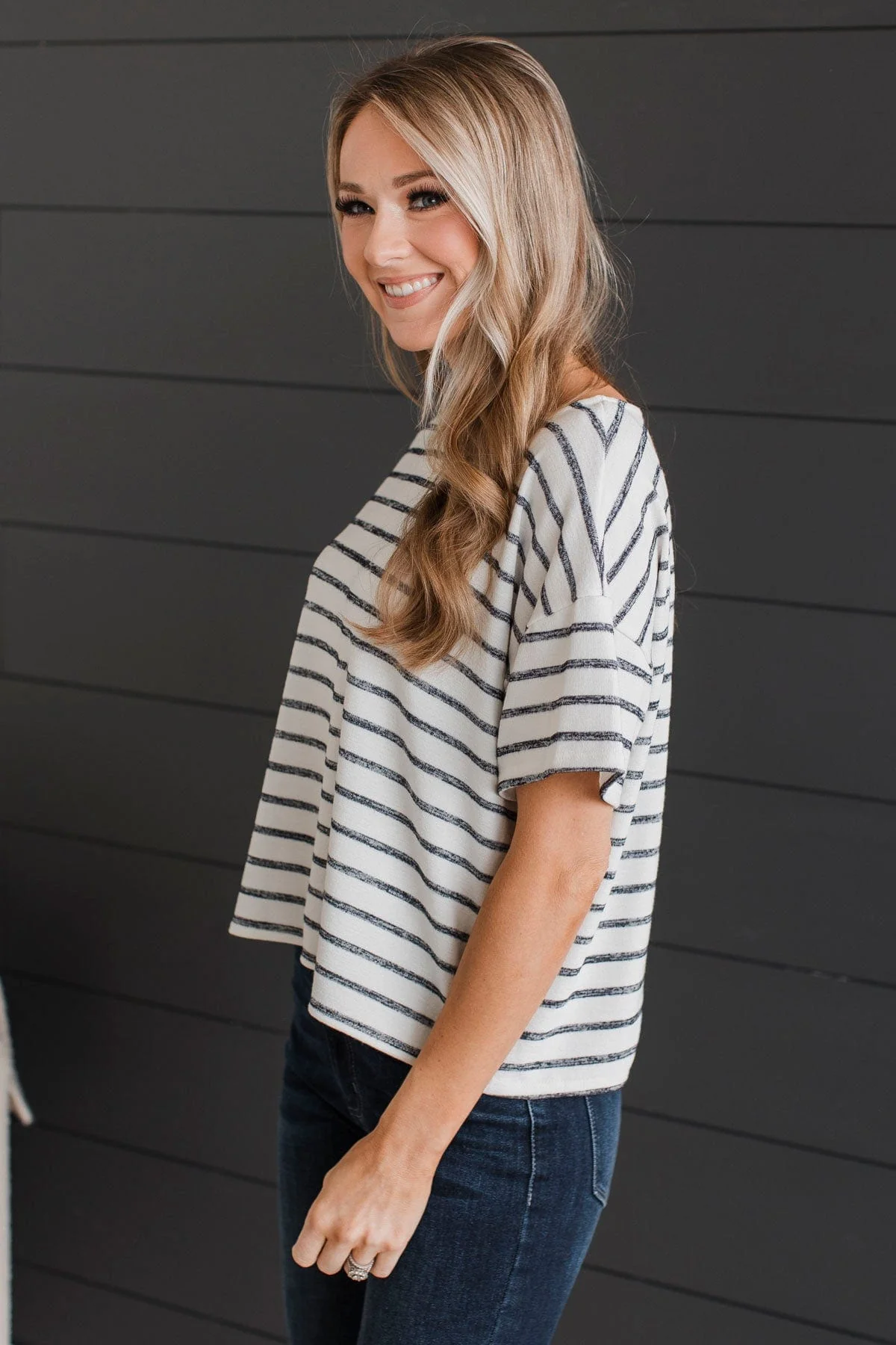 Easy Does It Striped Top- Ivory & Dark Navy - Image 6