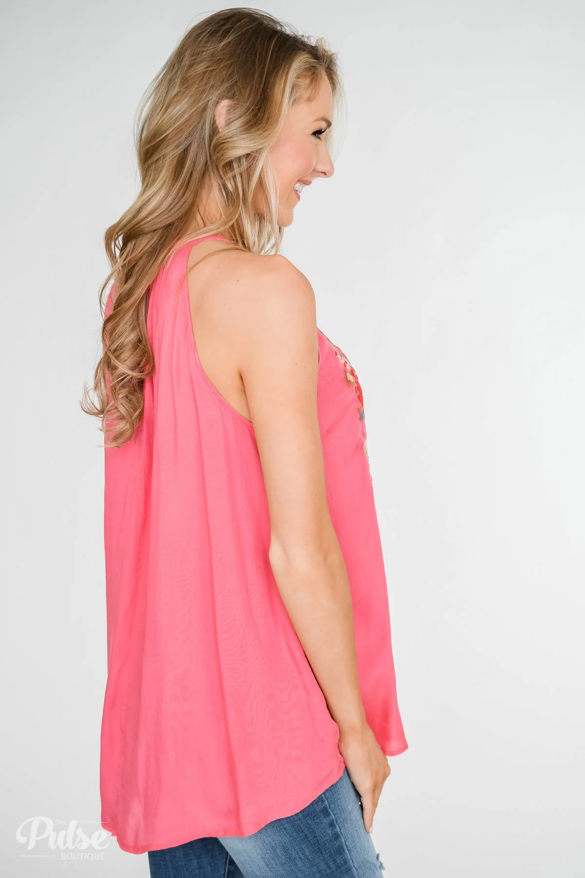 Embroidered Floral Halter Tank Top- Pink - Image 11