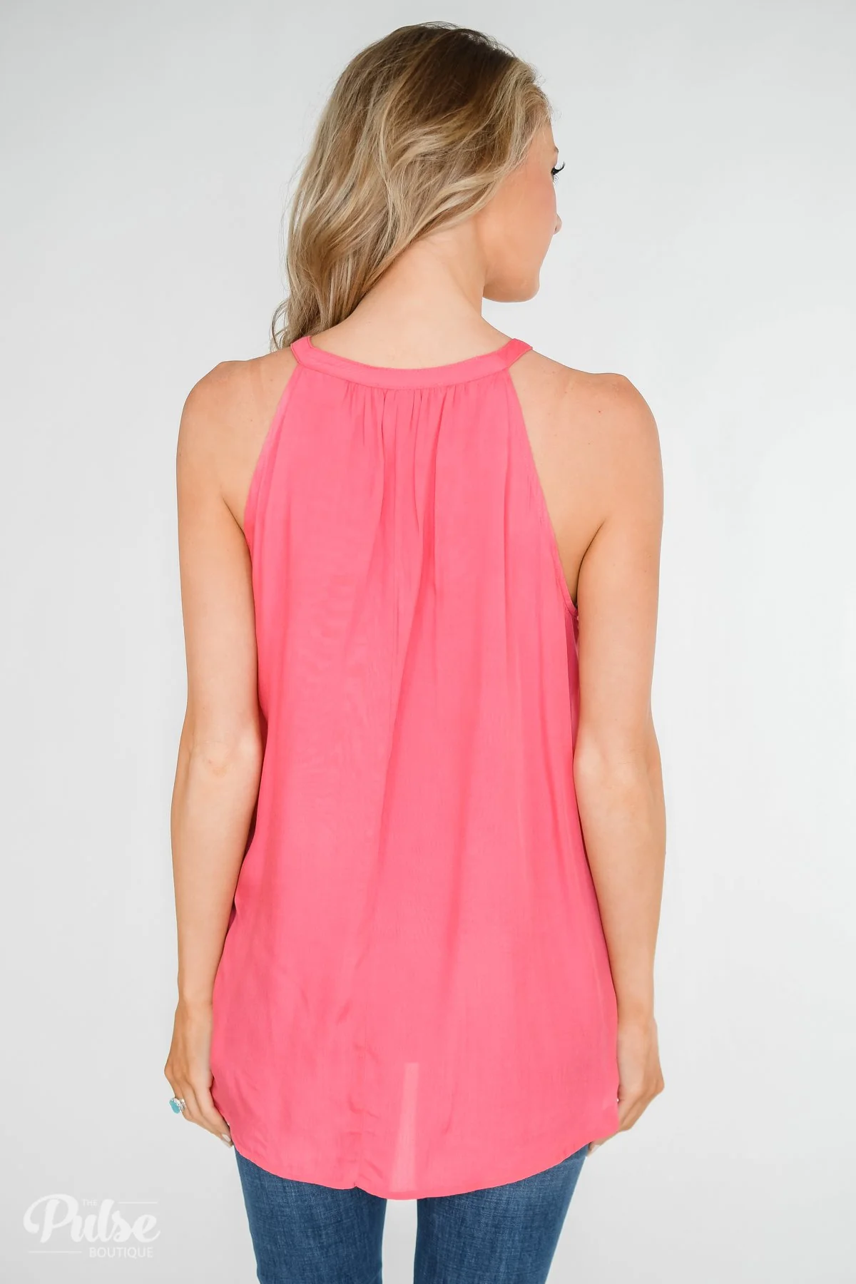 Embroidered Floral Halter Tank Top- Pink - Image 12