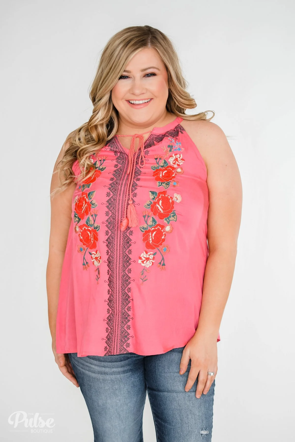Embroidered Floral Halter Tank Top- Pink - Image 13