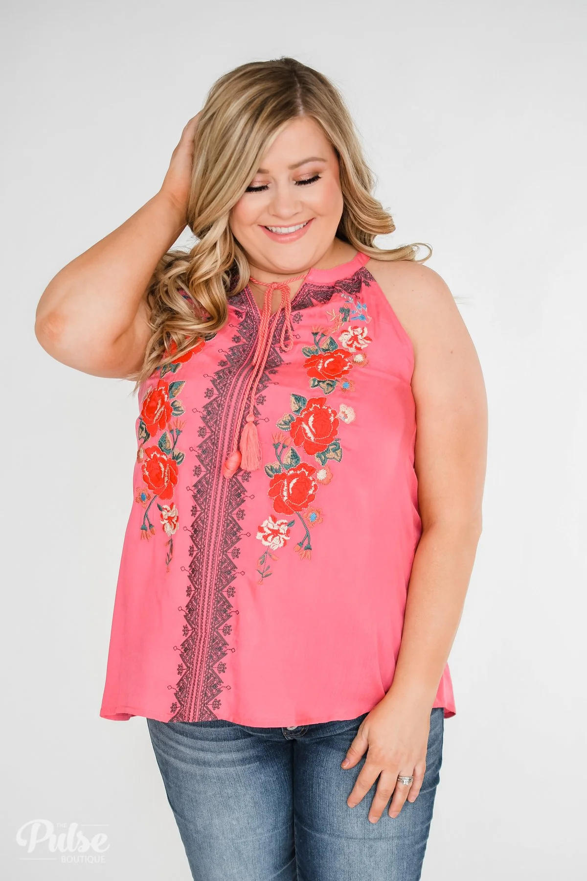Embroidered Floral Halter Tank Top- Pink - Image 14