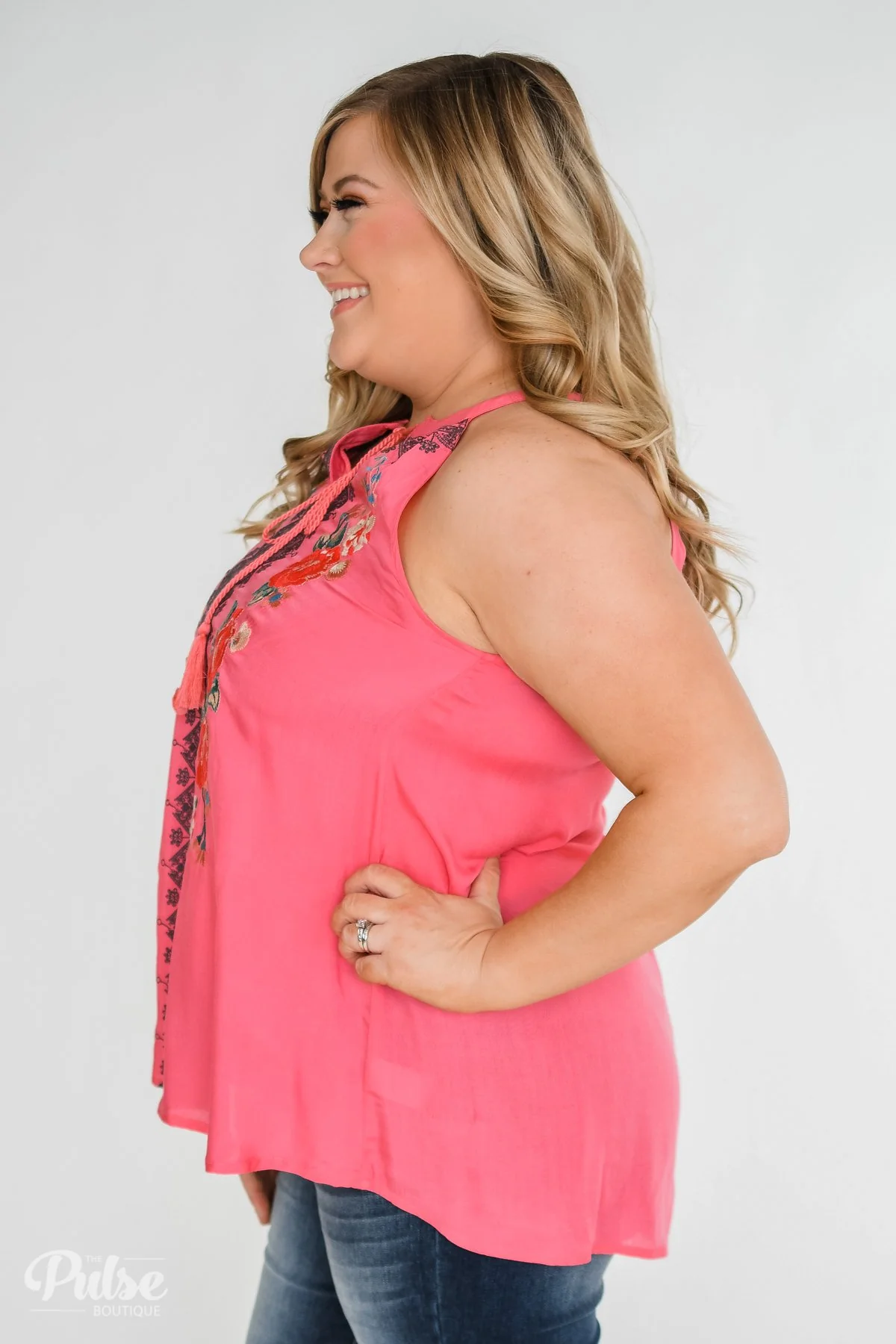 Embroidered Floral Halter Tank Top- Pink - Image 15