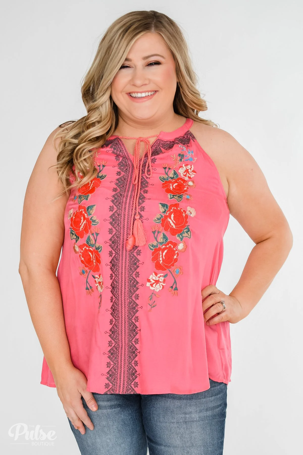 Embroidered Floral Halter Tank Top- Pink - Image 3