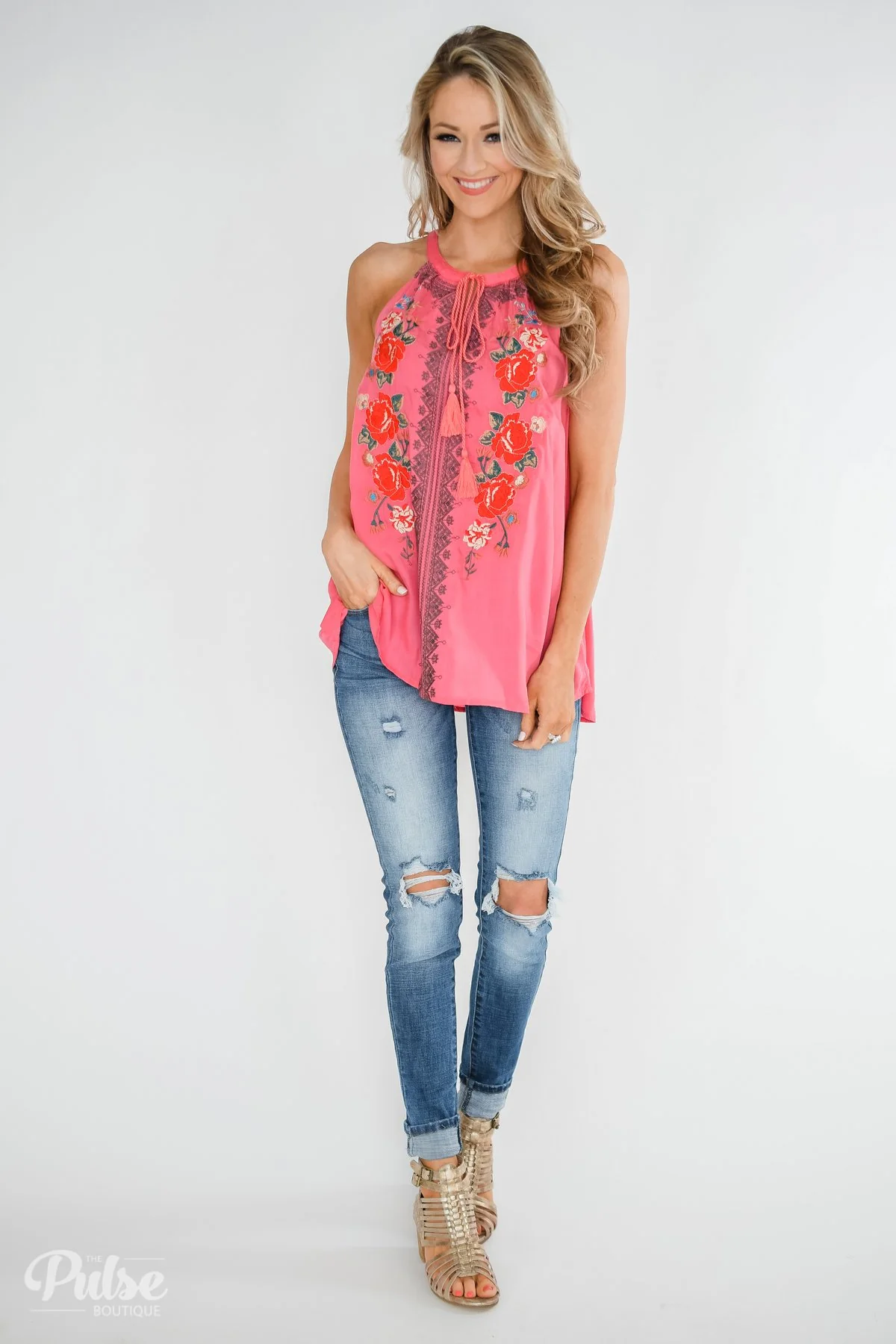 Embroidered Floral Halter Tank Top- Pink - Image 4