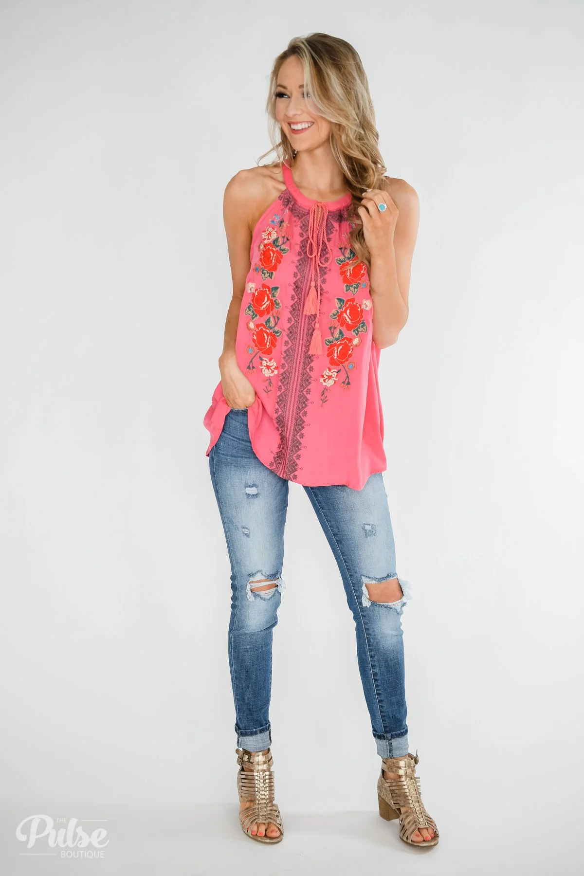 Embroidered Floral Halter Tank Top- Pink - Image 5