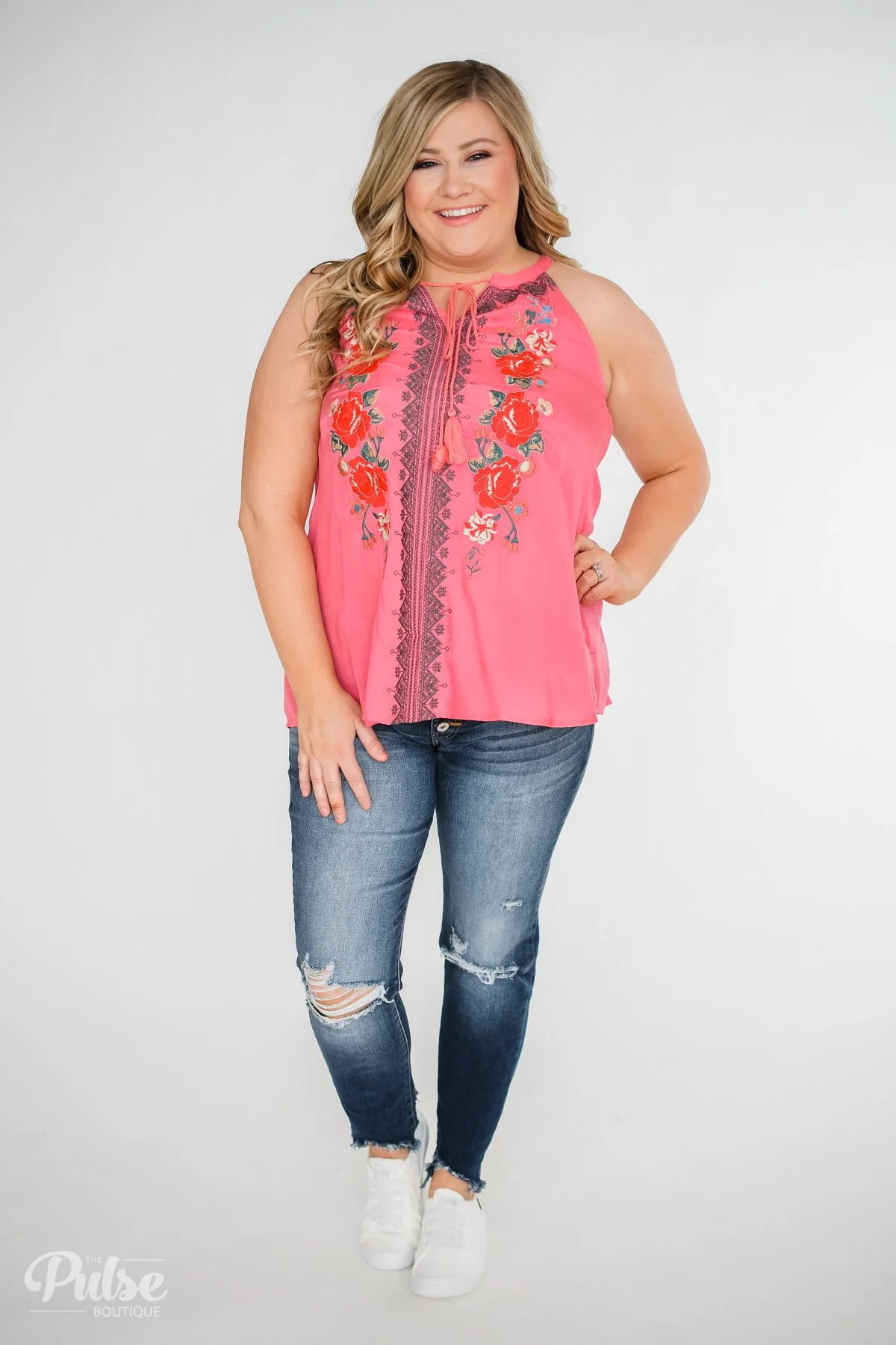 Embroidered Floral Halter Tank Top- Pink - Image 6
