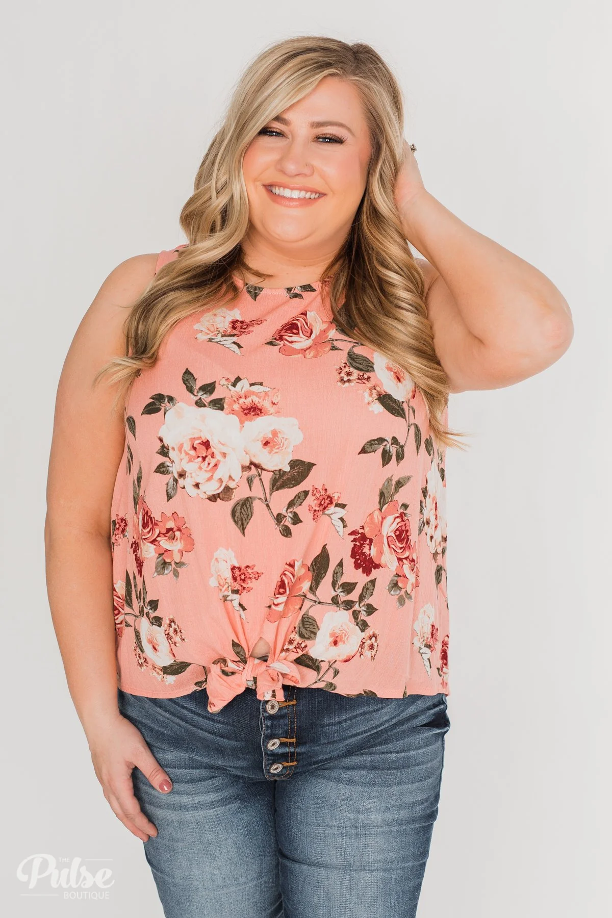 Fun in Floral Tie Tank Top - Peach - Image 11