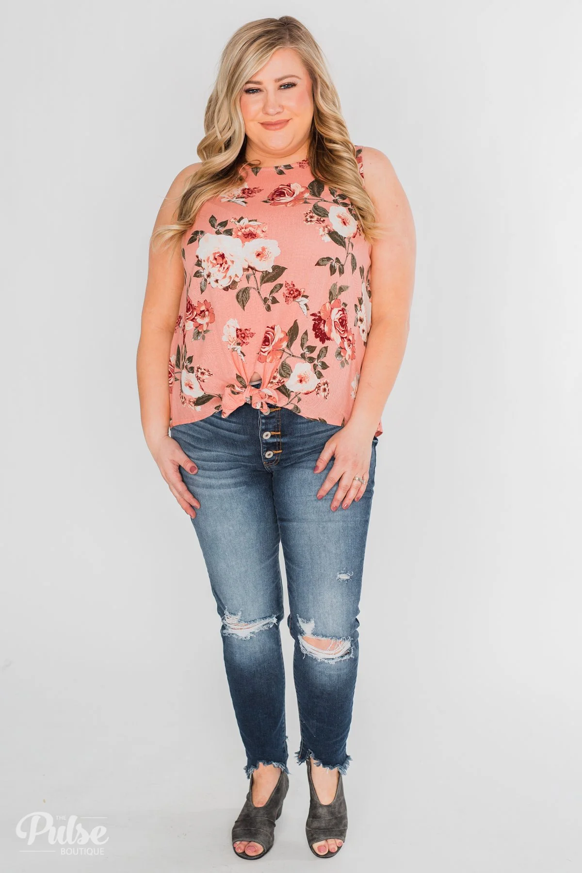 Fun in Floral Tie Tank Top - Peach - Image 3