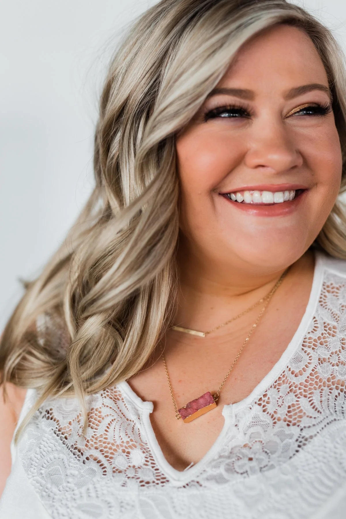 Gold Bar & Rectangle Stone Necklace- Deep Pink - Image 3