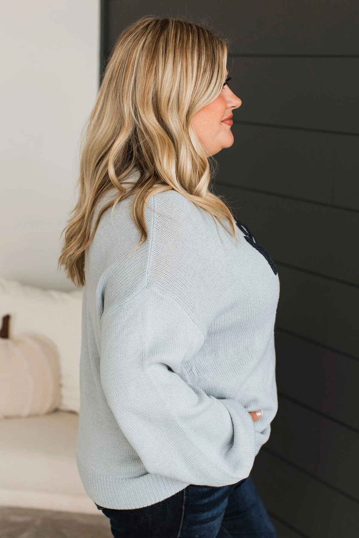 "Hello Fall" Embroidered Knit Sweater- Light Dusty Blue - Image 5