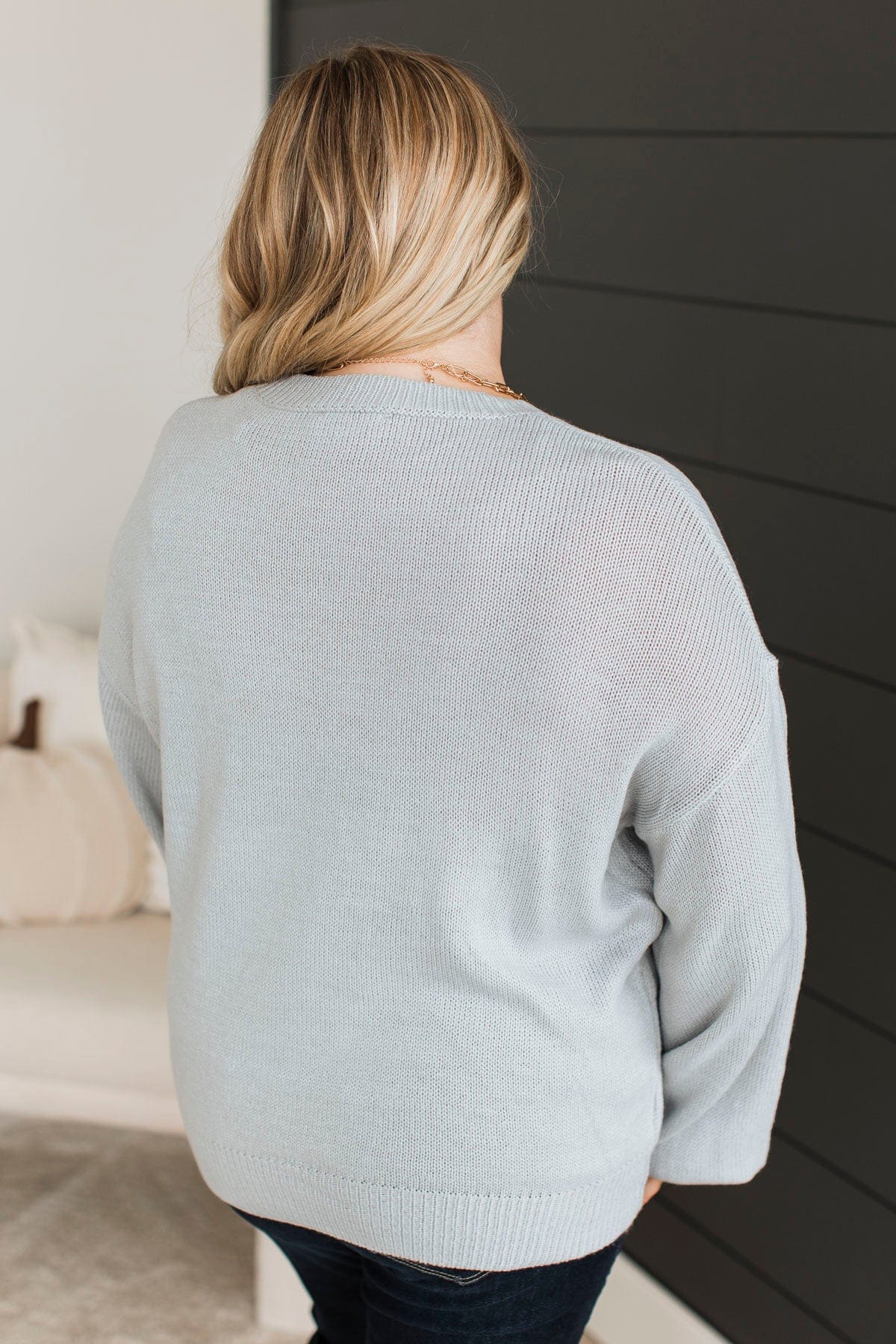 "Hello Fall" Embroidered Knit Sweater- Light Dusty Blue - Image 7