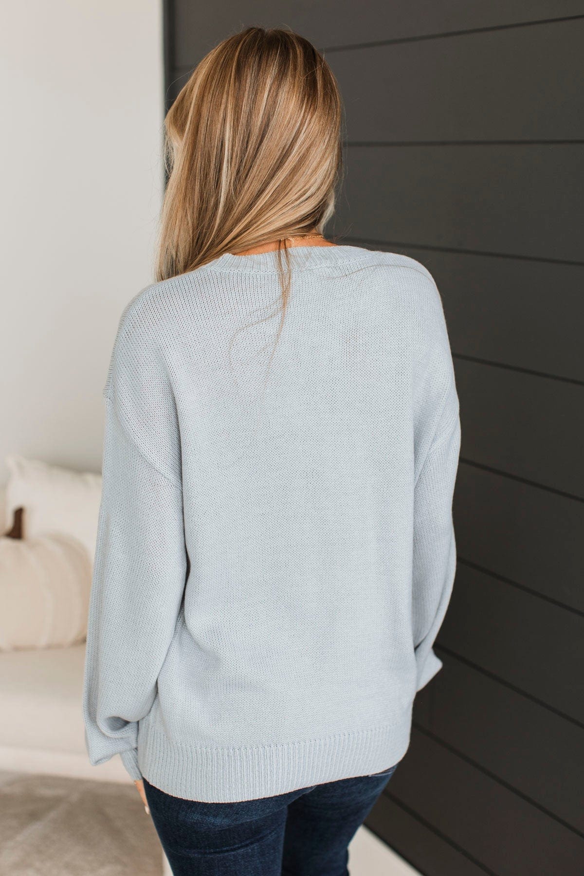 "Hello Fall" Embroidered Knit Sweater- Light Dusty Blue - Image 8