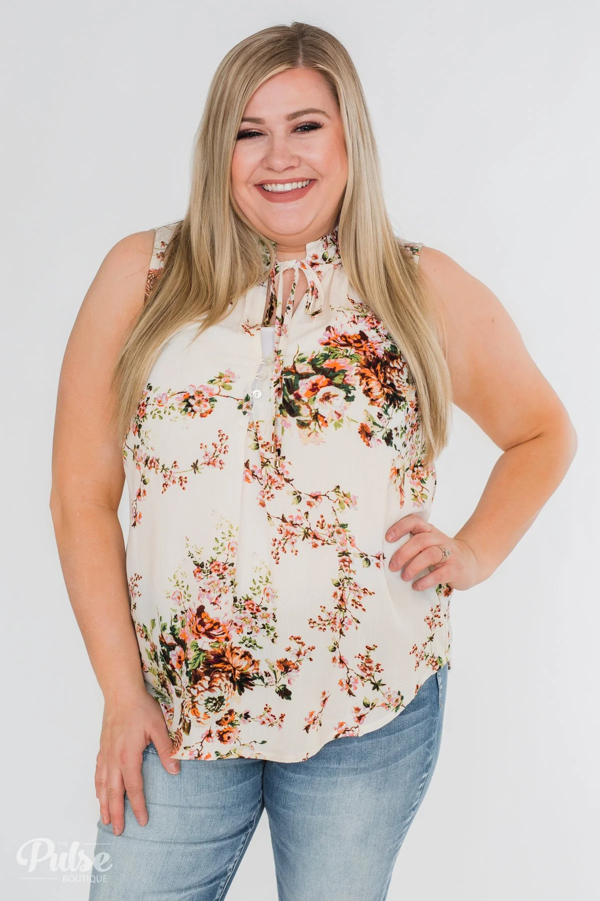 I'll Be There Floral Neck Tie Tank Top- Ivory - Image 12