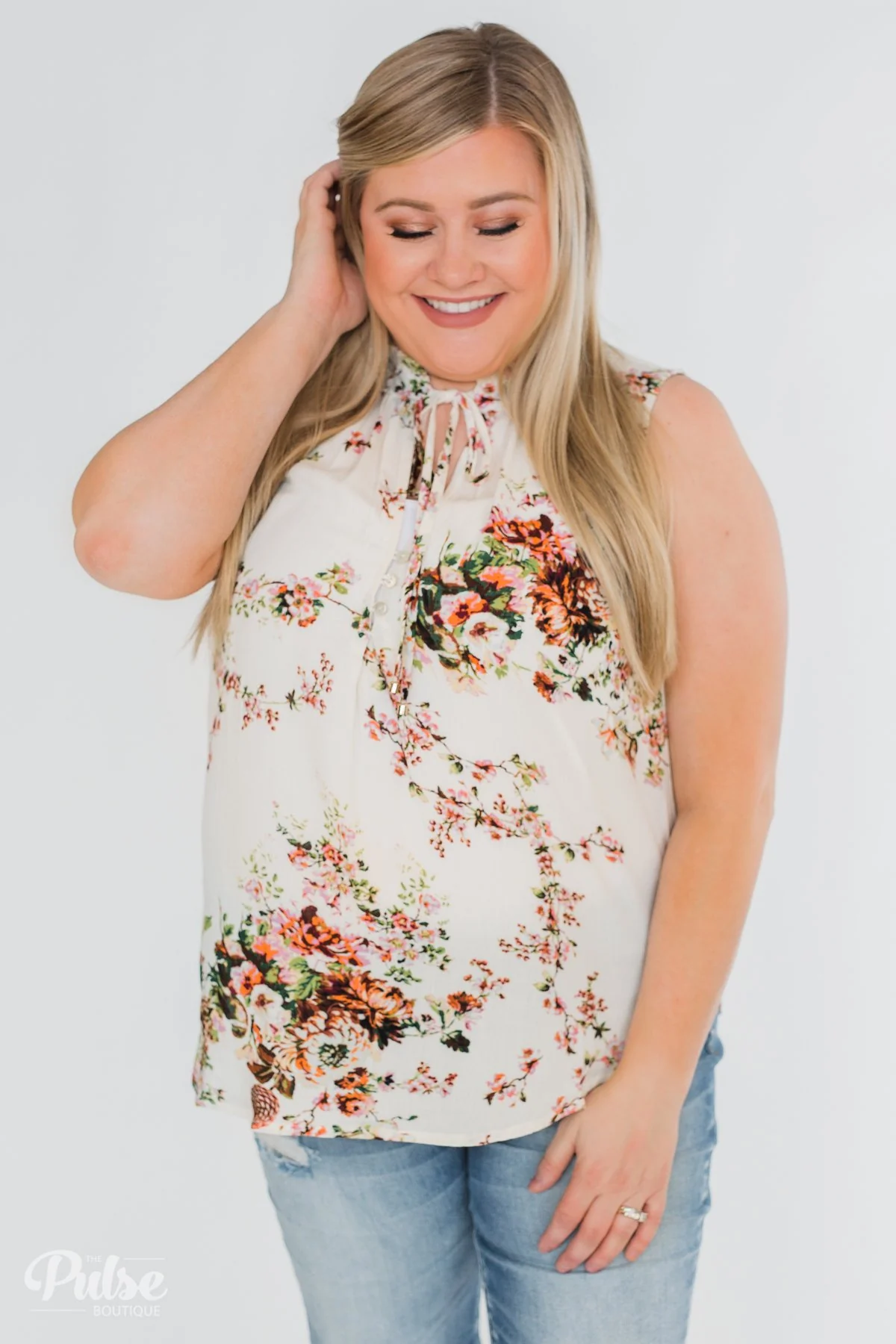 I'll Be There Floral Neck Tie Tank Top- Ivory - Image 13