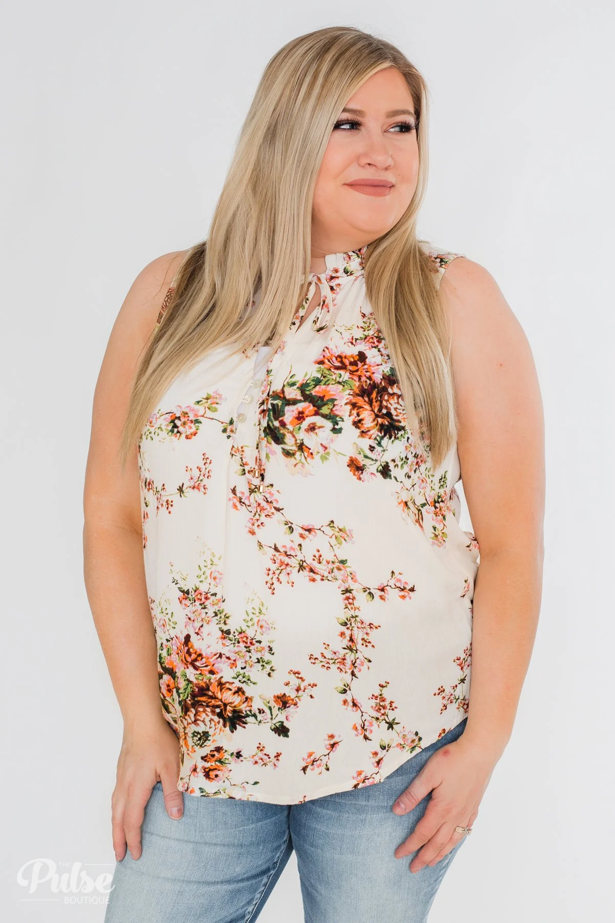 I'll Be There Floral Neck Tie Tank Top- Ivory - Image 14