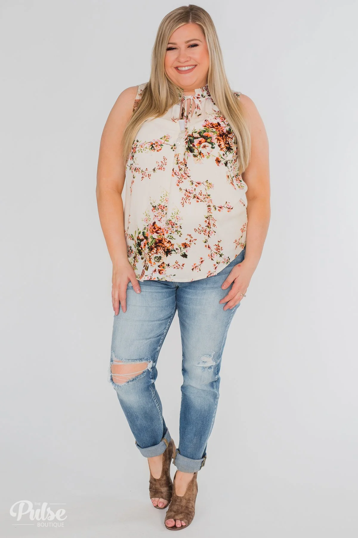 I'll Be There Floral Neck Tie Tank Top- Ivory - Image 3