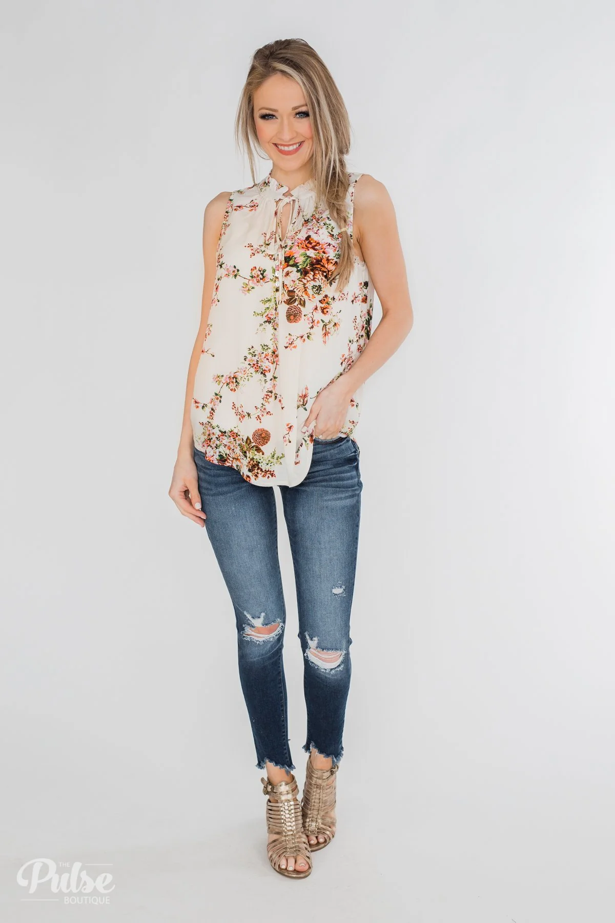 I'll Be There Floral Neck Tie Tank Top- Ivory - Image 4