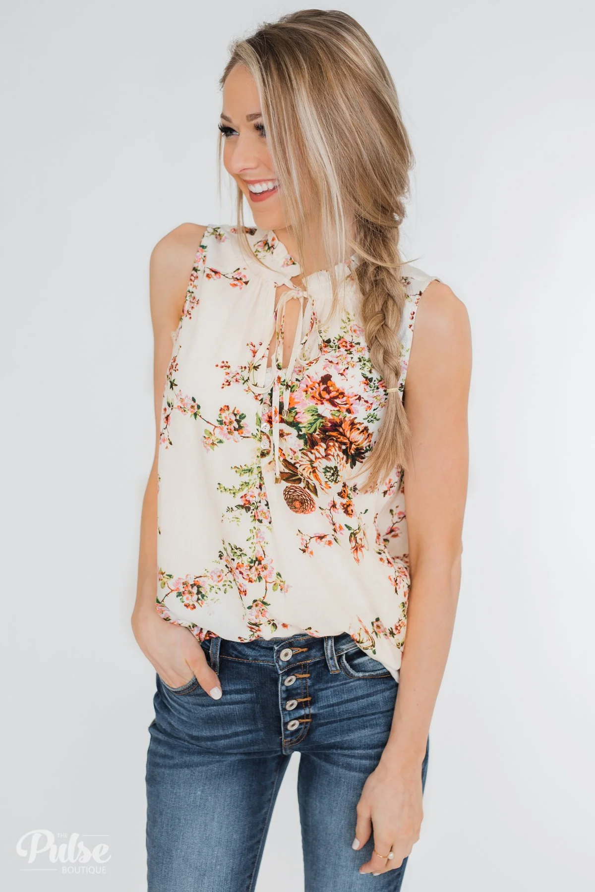 I'll Be There Floral Neck Tie Tank Top- Ivory - Image 6