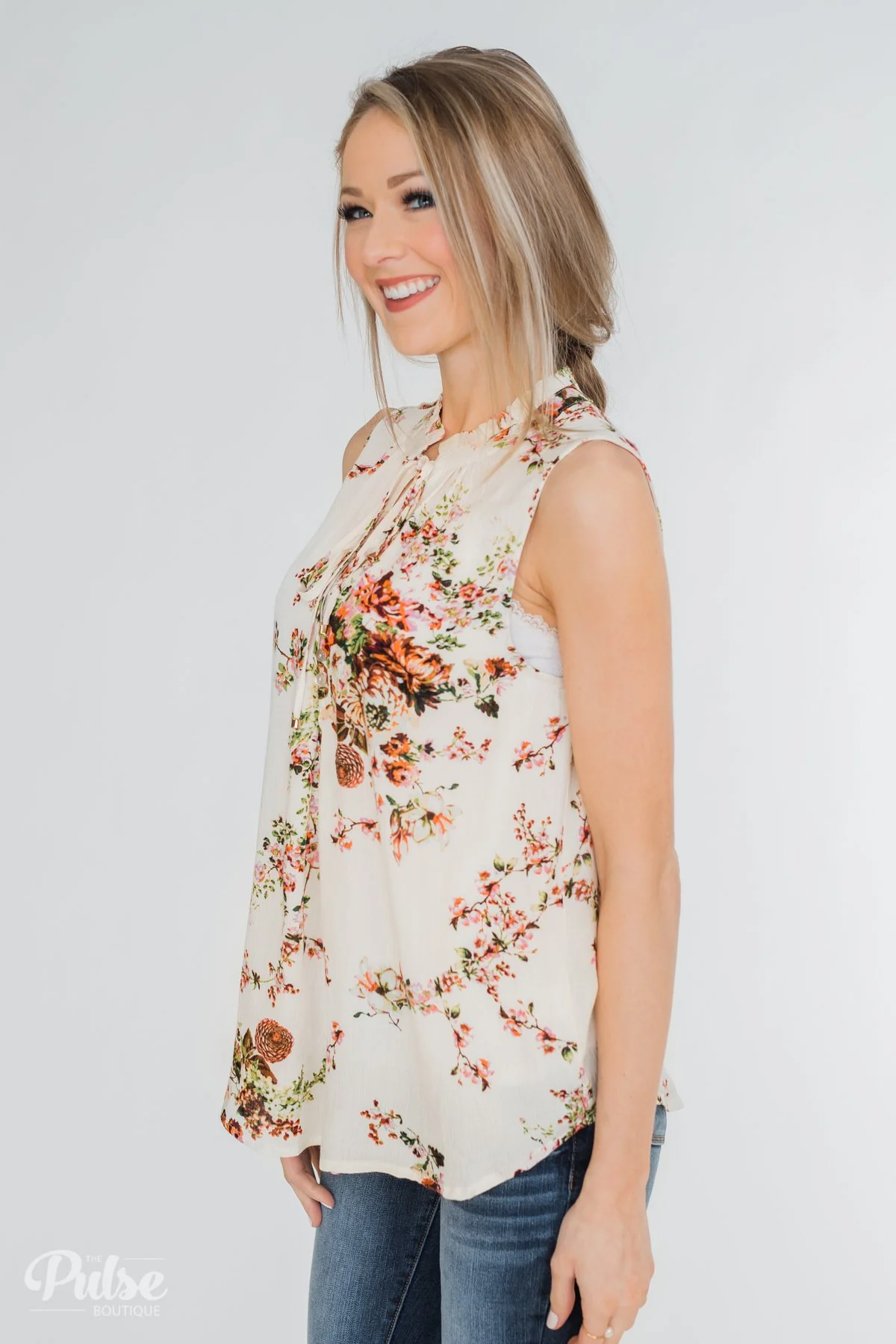 I'll Be There Floral Neck Tie Tank Top- Ivory - Image 9