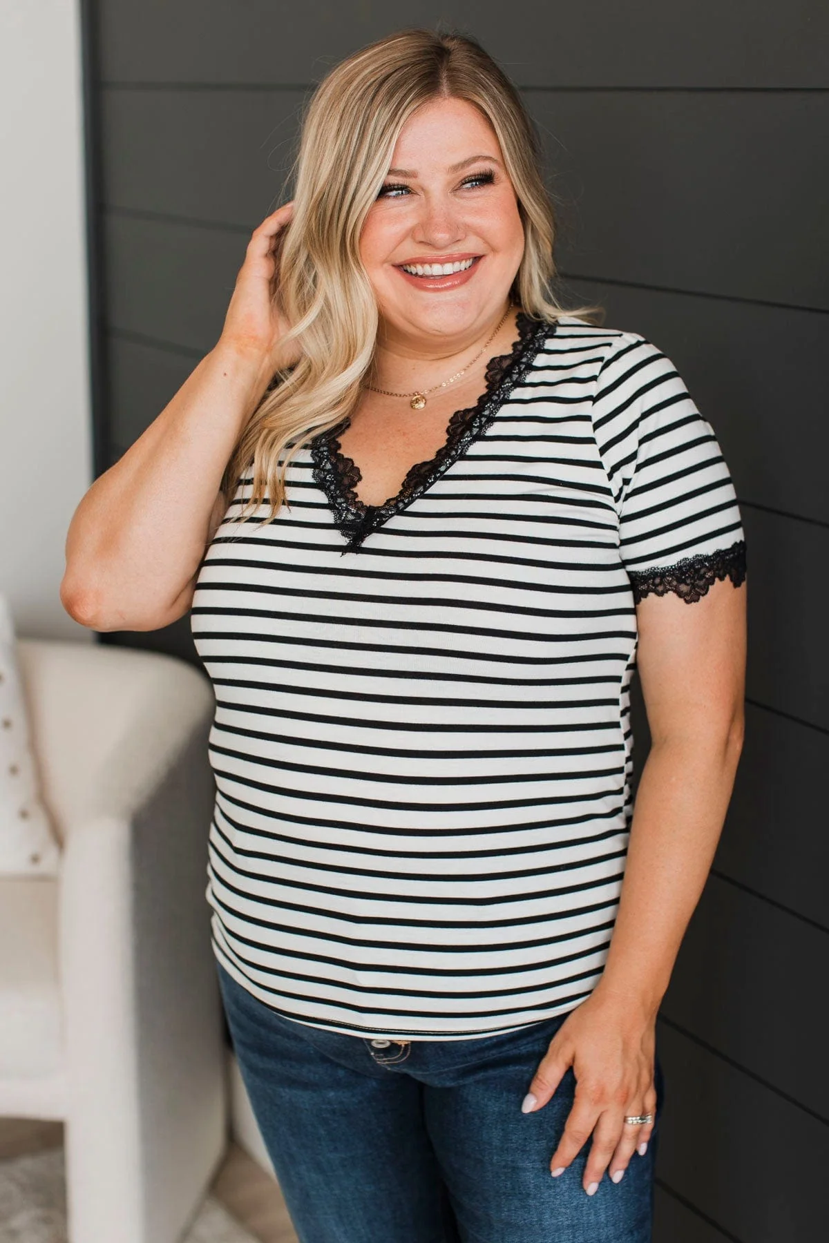 Just The Sweetest Striped Lace Top- Black & White - Image 3