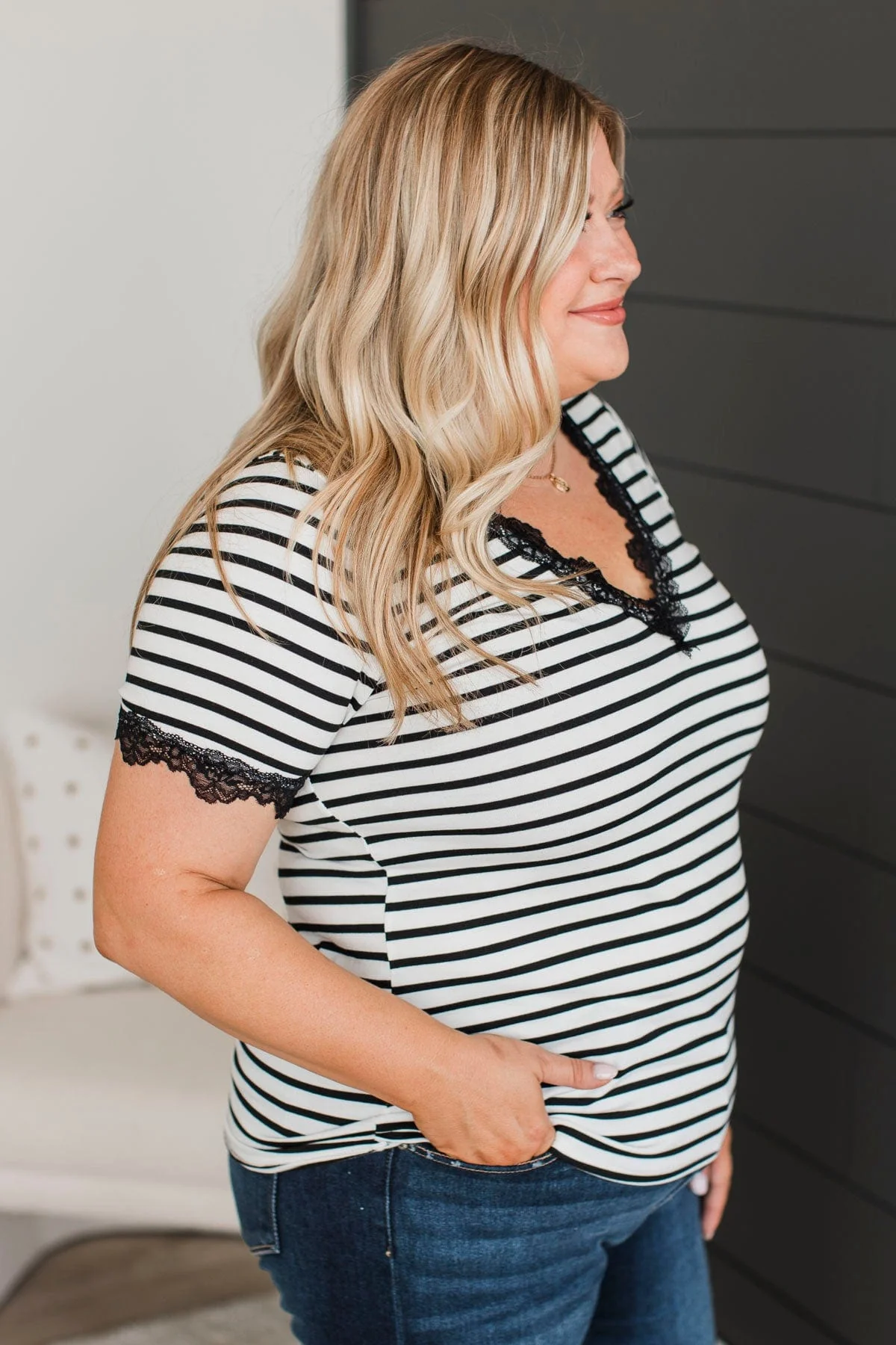 Just The Sweetest Striped Lace Top- Black & White - Image 6