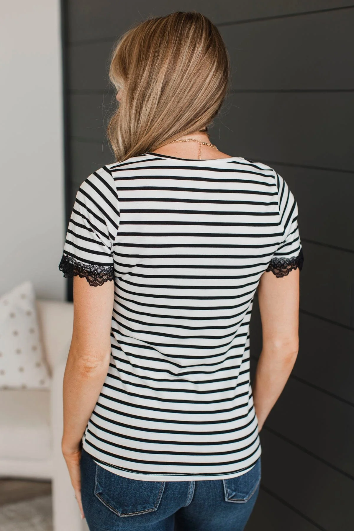 Just The Sweetest Striped Lace Top- Black & White - Image 7