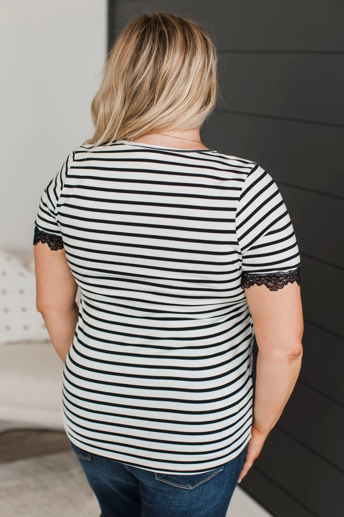 Just The Sweetest Striped Lace Top- Black & White - Image 8