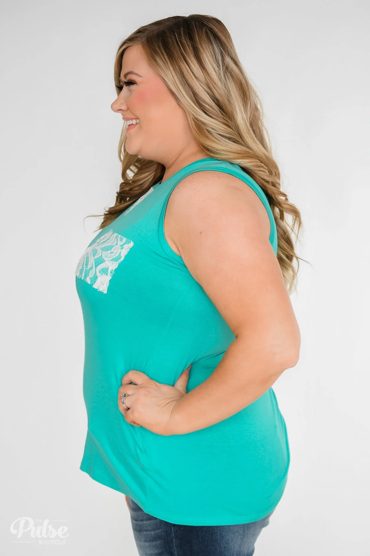 Lace Back Pocket Tank Top- Teal - Image 14