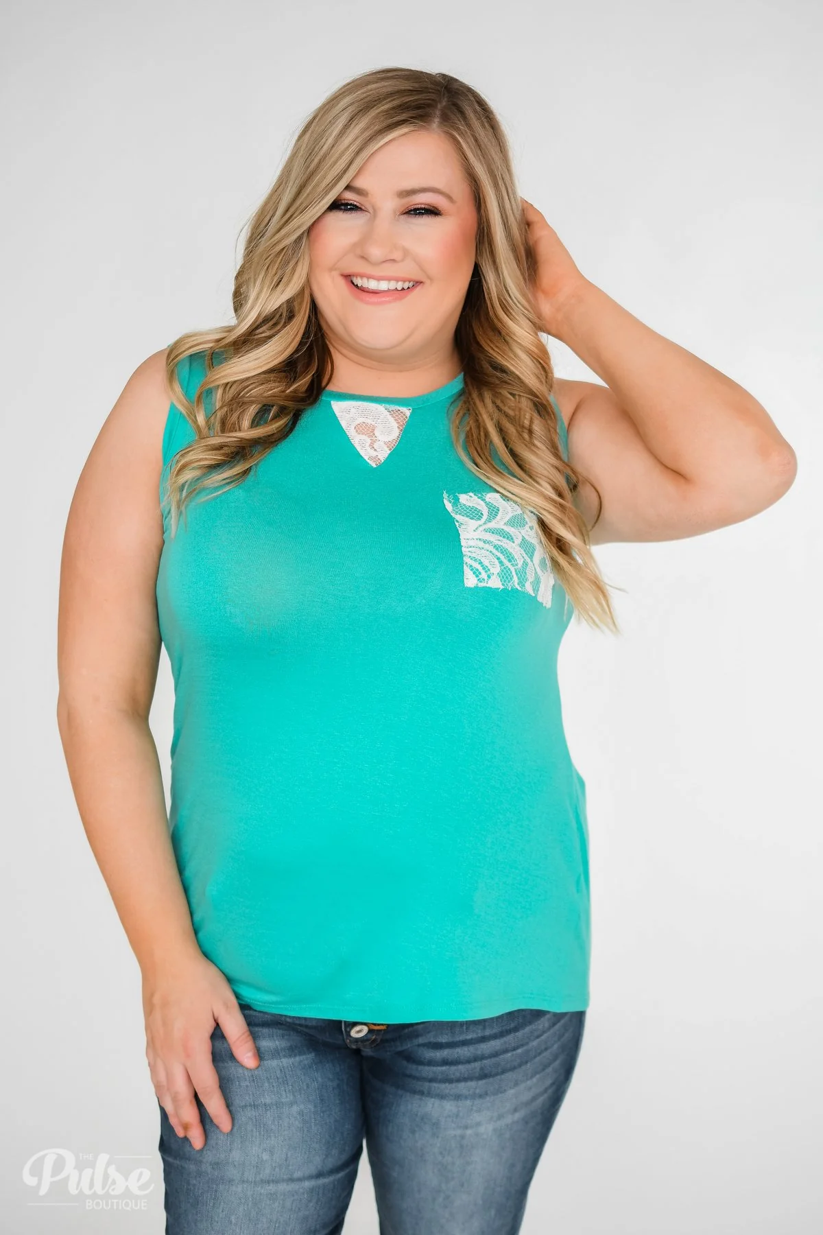 Lace Back Pocket Tank Top- Teal - Image 4